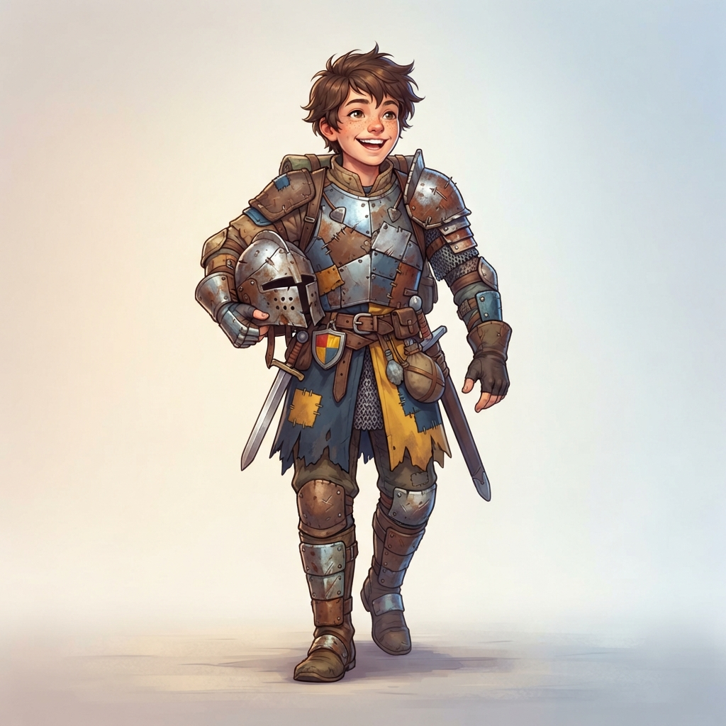 a cheerful young squire knight character in mismatched patchwork armor holding a helmet under one arm, full body original character design, clean soft gradient studio background, vibrant, crisp high detail, digital illustration, no text, no words, no watermark