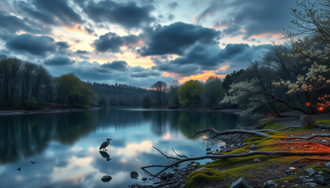 A serene spring landscape at dusk featuring a calm, mirror-like lake (or gently winding river) nestled within a richly forested setting. The trees are in budding color—light greens, soft yellows, and dogwood flowers, and deep olive tones—forming a calm canopy that frames the water. Fallen tree branches scatter across the ground and drift softly along the shoreline, while mossy stones and textured earth add depth and richness. Subtle wildlife enhances the scene: , a lone heron standing in the shallows, and birds gliding across the sky. Fireflies glow faintly among the underbrush, adding a touch of quiet magic. Above, a dramatic evening sky filled with layered, rolling clouds in cool grays, muted purples, and soft blue tones, with warm amber and rose light from the setting sun breaking through in soft beams. The sky reflects beautifully in the water, slightly blurred by gentle ripples. Painterly style inspired by classical landscape masters, soft brush strokes blended with fine detail, rich color harmony, textured canvas feel, atmospheric depth, subtle glow lighting, volumetric light rays, moody and tranquil ambiance. Flux-optimized prompt weighting, ultra-detailed, high dynamic range, cinematic composition, soft edges with selective sharpness, dreamlike realism, 8K quality.