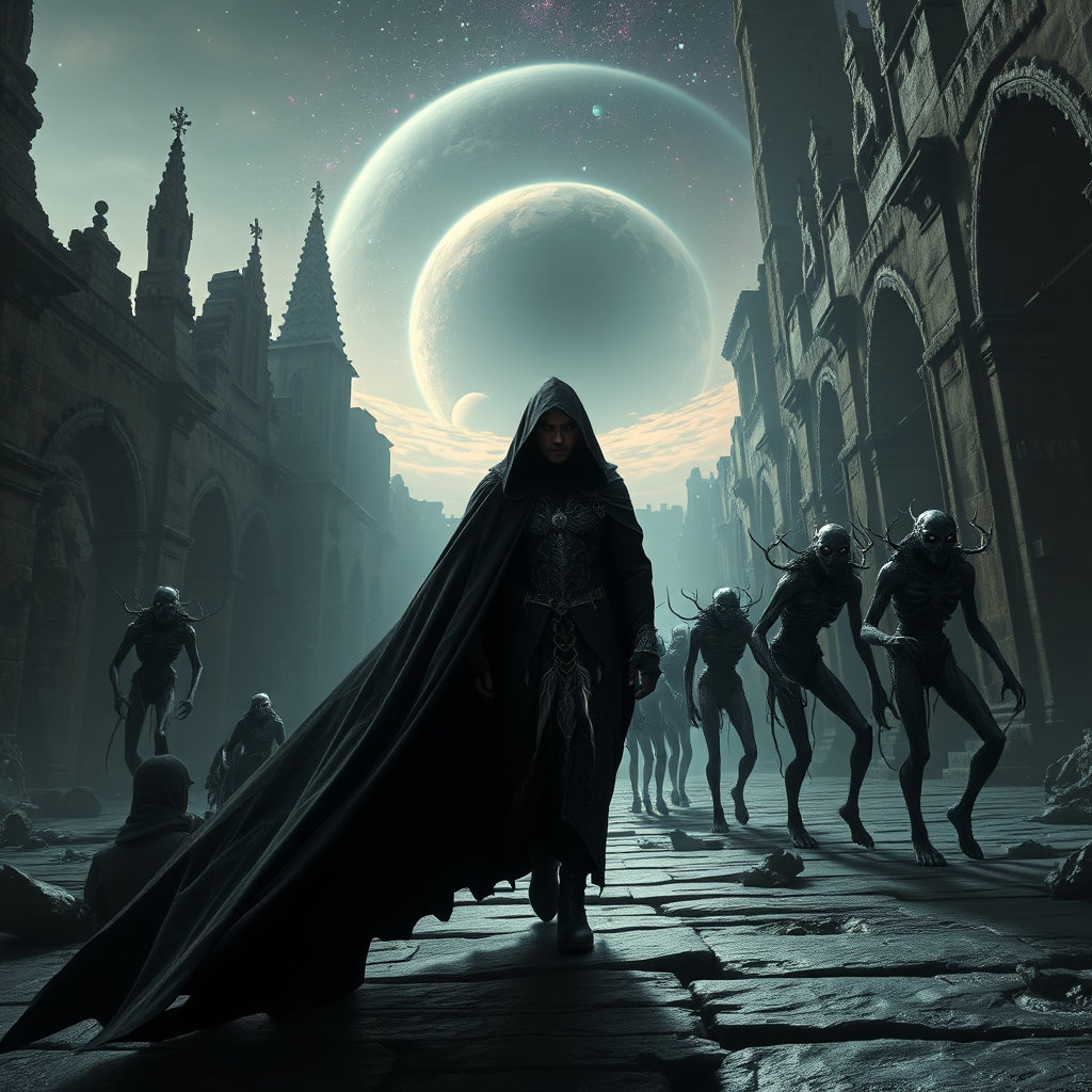 in a dramatic, cinematic gothic symphonic cosmic fantasy landscape, the atmosphere is ominous and foreboding, with a focus on philosophical sci-fi opera and elegant dark orchestral mythology. the setting is a cathedral ruin, with ancient stone walls, imposing spires, and crumbling frescoes that tell the story of a long-forgotten civilization. the air is thick with the scent of incense and decay.
in the foreground, a figure emerges from the shadows, cloaked in a flowing black obsidian leather cape, adorned with intricate silver filigree and cosmic crystal accents that glimmer in the faint, moonlit glow. the figure's eyes burn with an otherworldly intensity, as if they are a window to another dimension.
behind the figure, a procession of unstable biological mutants shuffles through the ruin, their twisted, branch-like limbs and distorted faces a testament to the mysterious power that has transformed them. some are humanoid, while others have evolved into creatures that defy description, their bodies a mass of tumourous growths and calcified plates.
the light in the scene is soft and diffused, with a subtle gravitational glow emanating from the crystal accents and a soft cosmic rim light casting a warm, ethereal glow over the proceedings. the shadows are long and sinuous, as if they are alive, creeping across the stone floor like dark, animate tendrils.
in the background, a black hole horizon stretches out into the distance, a vortex of incredible power that seems to be drawing everything towards it. the stars and planets beyond the rim of the horizon are a swirling, psychedelic maelstrom of color and light.
throughout the scene, details of the dark, gothic architecture are visible, with intricate carvings and symbols etched into the stone walls, telling the secrets of a mysterious, cosmic mythology that underlies the entire world. the overall mood is one of wonder and terror, as if the viewer is witnessing a unfolding apocalypse that will soon consume everything.
every living being in the scene is rendered in ultra-realistic detail, with skin that's hyper-detailed and illuminated by a warm, ethereal glow, as if they're absorbing and reflecting the light around them. their eyes are pools of deep, shining intensity, reflecting the mystery and terror of the unfolding universe.