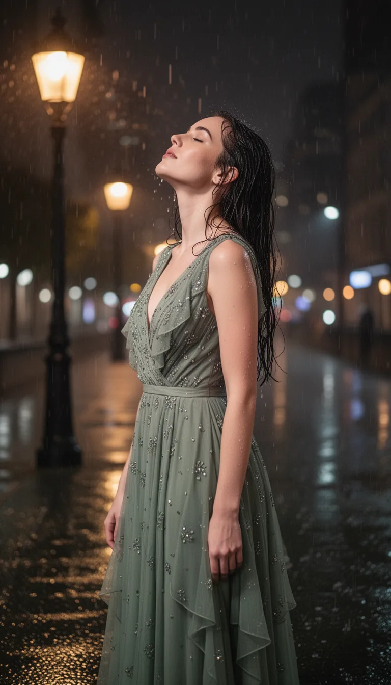 A beautiful, fair-skinned woman in her early thirties stands in the center of the frame, her body tilted slightly to the right, facing the viewer in a three-quarter profile. She is captured in a moment of blissful resignation to the pouring rain, with her head thrown back and her eyes closed, a serene expression on her face. Her long, dark, wet hair clings to her shoulders and face, glistening in the rain. She wears an elegant, sleeveless, V-neck dress in a soft sage green, adorned with delicate, shimmering embellishments that reflect the light. The dress has a ruffled bust and flowing, layered skirt, appearing delicate and graceful. Her posture is slender and graceful. The backdrop is an outdoor urban setting at night, with a lamppost to the left illuminating the scene with a warm, golden glow. Raindrops are visible, and the wet pavement reflects the diffused bokeh of the city in the background, creating a romantic and dreamlike atmosphere. The lighting is subdued, with the lamppost providing a strong, warm light source, contrasting with the cool tones of the rain and the overall scene. The perspective is at eye level, emphasizing the woman's connection to her surroundings. His style is highly cinematic and evocative, capturing a sense of quiet contemplation and beauty in the rain.