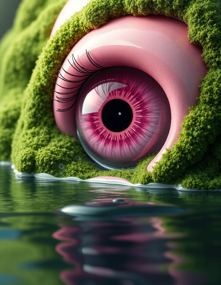 **Medium:** Digital 3D rendering, CGI composite, photorealistic synthesis
**Technique:** Physically-based rendering (PBR), subsurface scattering, volumetric fluid simulation, hyper-realistic texturing, digital compositing
**Rendering Approach:** Ray-traced global illumination, path-traced reflections, physically accurate light transport, high-fidelity material simulation
**Line Quality:** Photorealistic edge definition, organic contouring, absence of visible vector lines, seamless integration of biological and inorganic forms
**Color Treatment:** Hyper-saturated pastel pink, bioluminescent iris tones, verdant moss green, anisotropic specular highlights, chromatic aberration-free color grading
**Value & Contrast:** High dynamic range (HDR), soft ambient occlusion, deep shadow recession in mossy crevices, luminous specular highlights on ocular surface, balanced tonal separation
**Detail Density:** Ultra-high resolution, micro-textured surface detail, individual eyelash rendering, pore-level skin simulation, fluid dynamics with droplet resolution, moss filament granularity
**Surface & Material Treatment:** Glossy semi-translucent ocular sphere, wet reflective water surface, viscous dripping fluid simulation, matte organic moss texture, anisotropic specular on cornea, subsurface light diffusion in sclera
**Era / Movement:** Contemporary digital surrealism, bio-digital art, post-internet aesthetics, speculative realism, neo-psychedelic digitalism
**Overall Aesthetic:** Hyper-realistic surrealism, biomorphic abstraction, digital organicism, liminal space aesthetic, high-fidelity fantasy realism