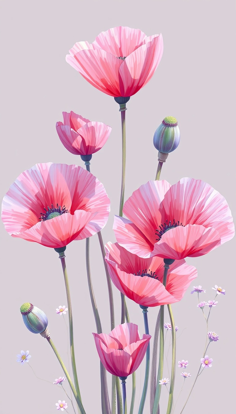 ## Style
- Medium: Digital painting, vector-style illustration
- Technique: Layered brushwork, digital airbrushing, calligraphic line work
- Rendering Approach: Semi-realistic botanical rendering with stylized abstraction
- Color Treatment: High-chroma pastel palette, complementary pink-blue contrast, iridescent gradients
- Value & Contrast: Low-key contrast, luminous mid-tones, soft tonal transitions
- Detail Density: Moderate detail on petals, sparse background elements, fine linear detailing on stems
- Era / Movement: Contemporary digital art, Neo-Romantic botanical illustration
## Subject
- Identity / Type: Stylized poppy flowers, flower buds, wildflowers
- Pose & Gesture: Upright growth pattern, dynamic upward thrust, scattered arrangement
- Distinctive Features: Oversized petals, spherical stamens, translucent petal edges, delicate vein structures
- Clothing or Equipment: N/A
- Scale & Proportion: Exaggerated floral scale, elongated stems, compressed root zone
## Environment
- Location Type: Abstract botanical garden, ethereal meadow
- Time of Day: Diffused daylight, soft morning light
- Weather & Atmosphere: Misty, dreamlike, hazy atmosphere
- Foreground Elements: Blurred base, abstract ground plane, small wildflowers
- Background Elements: Ethereal wisps, faint floral silhouettes, atmospheric haze
- Architectural or Natural Features: Naturalistic but abstracted plant forms, no architectural elements
## Mood
- Primary Emotional Tone: Serene, ethereal, dreamlike
- Energy Level: Gentle, flowing, tranquil
- Tension or Calm: Calm, harmonious, balanced
- Genre Association: Botanical illustration, fantasy flora, decorative art
## Lighting
- Light Source(s): Diffused ambient light, soft directional fill
- Direction: Overhead and frontal illumination
- Quality (Hard / Soft): Soft, diffused lighting with no harsh shadows
- Color Temperature: Cool to neutral, with warm accents on petals
- Key-to-Fill Ratio / Contrast: Low contrast, high fill ratio
- Shadow Character: Soft-edged shadows, minimal shadow definition
- Atmospheric Light Effects: Subsurface scattering, volumetric haze, translucency effects
## Composition
- Framing & Crop: Vertical orientation, full-frame floral composition
- Camera Angle: Slightly elevated eye-level view
- Subject Placement: Central cluster with diagonal flow, balanced asymmetry
- Compositional Rules in Use: Rule of thirds, golden spiral arrangement, diagonal line flow
- Depth Layers: Foreground flowers, mid-ground stems, background haze
- Negative Space: Abundant negative space in upper and lower regions, airy composition
## Texture
- Primary Materials: Digital paint, vector lines, soft brush textures
- Surface Quality: Smooth, semi-gloss finish with matte accents
- Reflectivity & BRDF Character: Anisotropic specular highlights on petals, diffuse reflection on stems
- Wear, Patina, & Imperfections: Clean, pristine surfaces, no visible wear or aging
## Camera
- Shot Type: Close-up botanical portrait
- Implied Focal Length: 85mm-equivalent shallow depth of field
- Depth of Field & Aperture Feel: Shallow depth of field, selective focus on central flowers
- Bokeh Character: Soft, circular bokeh in background
- Lens Artifacts: Minimal lens artifacts, clean digital rendering