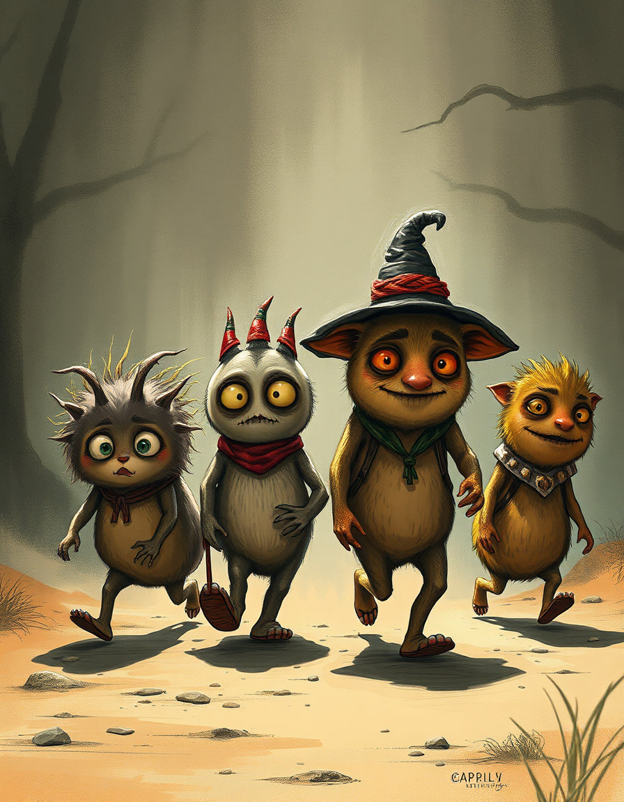 hand-drawn heartwarming horror digital 2d illustration rendered in a stylized painting simulation, employing cross‑hatching and dry brush techniques with visible, scratchy, directional lines and expressive, non‑uniform textured brushstrokes. the scene uses an analog‑centric color palette of muted earth tones contrasted by warm‑cool highlights, desaturated shadows and saturated focal points, creating an atmospheric, limited‑palette mood. dramatic chiaroscuro lighting casts deep black shadows and bright warm highlights, producing high contrast, volumetric light and clear tonal separation. the composition balances moderate detail density with stylized, simplified forms; character faces are rendered with focused, intricate detail while the background remains loosely textured with painterly abstraction. surface treatment mimics textured paper and canvas, showing visible grain and a matte finish, as if created with colored pencil and dry media on rough surface. the overall aesthetic is contemporary digital illustration inspired by modern graphic novel style and european illustrators, merging whimsical, atmospheric storytelling with a cinematic, spooky yet heartwarming feel. in the foreground, a group of funny whimsical creatures walk together, each with exaggerated, playful proportions, soft rounded bodies, bright expressive eyes, and quirky accessories; their motions are captured in a lively, animated stride across a misty, storybook‑like landscape, adding a light‑hearted, enchanting contrast to the haunting yet warm ambiance.
