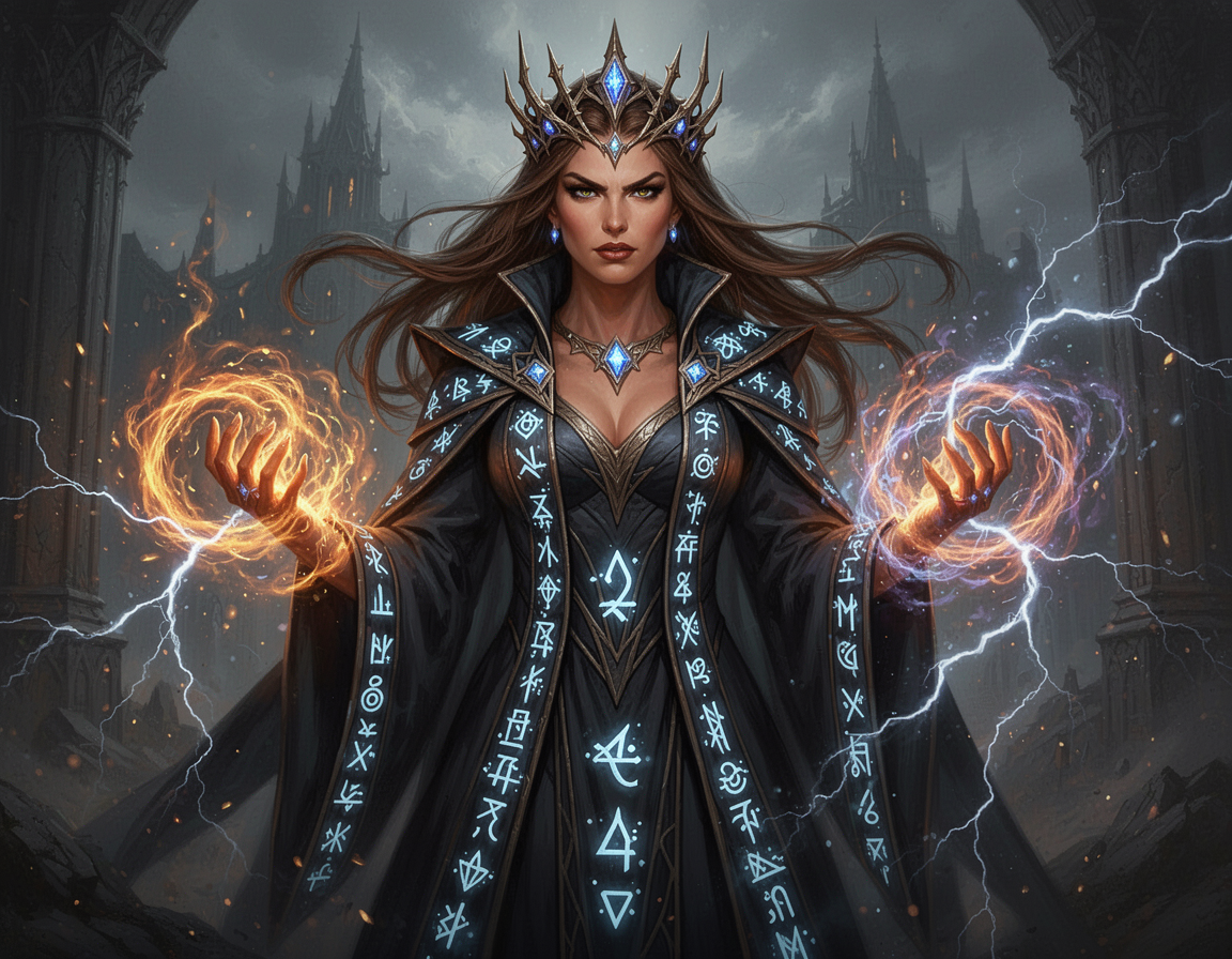 A powerful sorceress queen named Queen Emma, regal and intimidating, standing with absolute authority. tanned skin, sharp commanding eyes, long flowing brown hair styled like a crown. She wears elegant dark royal robes infused with arcane energy, glowing runes woven into the fabric. Raw magic coils around her hands like living fire and lightning. Her expression is confident, ruthless, and unyielding. Epic fantasy realism, cinematic lighting, ultra-detailed, dramatic shadows, high fantasy character portrait, Dungeons & Dragons sorceress