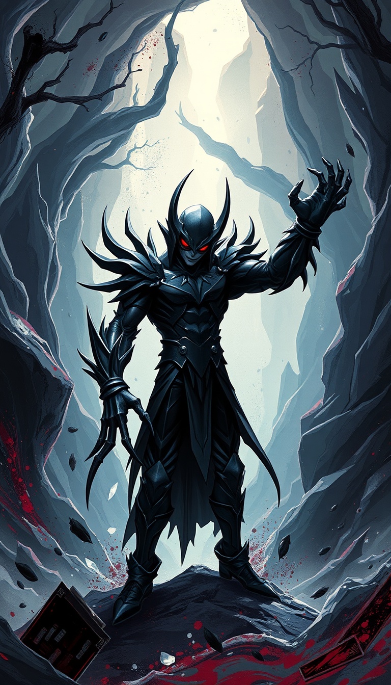dynamic splash art style wallpaper featuring a popular league of legends champion in action pose merged with anime style elements, inspired by tim burton's aesthetic, vibrant colors, and energetic composition, vertical format. style blending cenobite horror and elegant gothic fantasy with exaggerated proportions, highly stylized body horror, black leather garments, minimalist metallic accents, eerie lighting, deep shadows, stark highlights, muted color palette, and a sense of profound unease. the league of legends champion must be incorporated into this dark, gothic, and unsettling world, standing alongside or interacting with the monstrous figure, amidst a twisted and dreamlike gothic landscape.