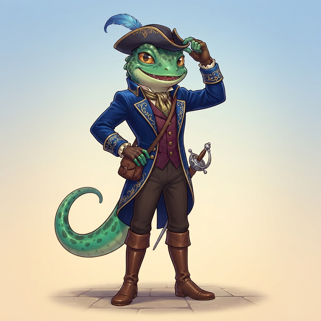 original anthro newt character with elegant coat, cartoon fantasy kingdom style