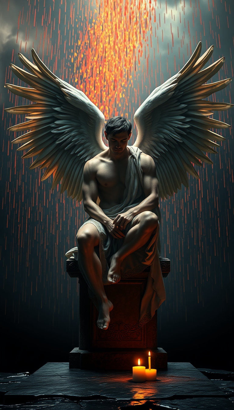 [P] imagine in Gustav Klimt, opulent and ornate style. Full shot of a majestic male figure seated in profound thought on a stone pedestal, fusing the classical angelic anatomy of 52815.jpg with the melancholy sitting posture from 53080.jpg. He possesses massive, realistic feathered wings outstretched symmetrically behind him, rendered in Michelangelo perfection style, exquisite flawless form with anatomically perfect hands and feet, clean finger separation, and correct fingernails. The figure is draped in an elegant, translucent white veil and embroidered fabric reminiscent of 53187.jpg, catching the light gracefully. The environment features a striking, surreal contrast: a dark, moody background where an abstract rainstorm of vibrant, colorful paint drips down from a stormy sky, directly referencing the artistic motif in 53080.jpg, while warm, glowing candlelight flares softly on a wet stone surface nearby. Chiaroscuro lighting with dramatic rim lighting across his muscular torso and face, casting cinematic deep shadows. Captured with a Hasselblad X2D 100C, 50mm lens, ISO 100, f/1.8, centered composition, 8k, 16k, ultra high resolution, crisp sharp focus, gallery grade, poster-size print quality --ar 9:16 --style raw --q 2

[N] blurry, lowres, artifacts, bad anatomy, extra limbs, extra fingers, mangled hands, out of frame, watermark, logo, text, duplicate subject, cell phone interface, screenshot crop marks, UI icons, heart icon, share icon