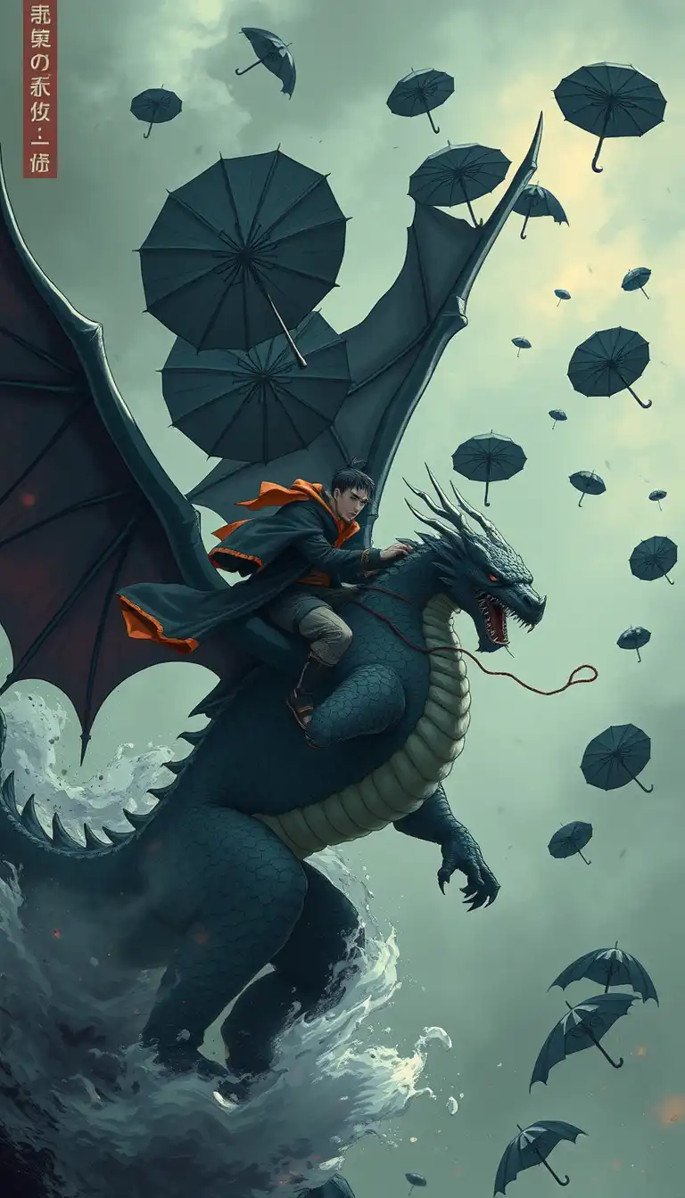 Jujutsu kaisen yuta okkotsu riding a dragon made of cursed spirits
with its wings formed from floating black umbrellas