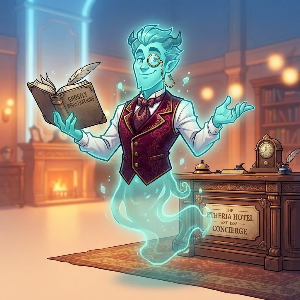 original character: a cartoon ghost concierge in a velvet waistcoat with a monocle and a ledger, translucent lower half, sharp angular western cartoon style, bold black outlines, clean soft gradient studio background, vibrant, crisp high detail, digital illustration