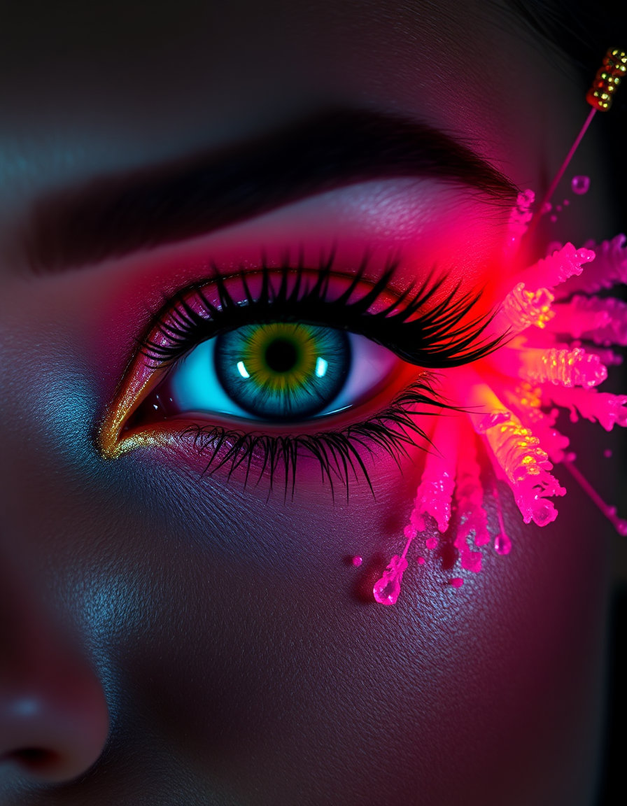a close-up, trendy makeup look on a bridal eye, featuring high-contrast candy colors of bubblegum pink, lemon yellow, and mint set against absolute black, with hues popping like neon sugar crystals dissolving in darkness, saturation cranked, edges crisp, and brightness sharpened by the surrounding void, creating a playful yet sinister saccharine aesthetic wrapped in shadow. this is juxtaposed with delicate pastel bases of soft pinks and mints, overcharged with sudden acidic jolts of neon lime and electric magenta, where edges bleed between gentle and toxic, the clash vibrating at the eye, resulting in a sweet but corrosive feel of fragile hues destabilized by searing intensity. an abstract explosion of pink and gold colors with chaotic energy and a dynamic feel is also present, incorporating a trendy makeup look for a bridal scene with a focus on the eyes, accentuated with sparkling glitter and a glittery eyeliner.