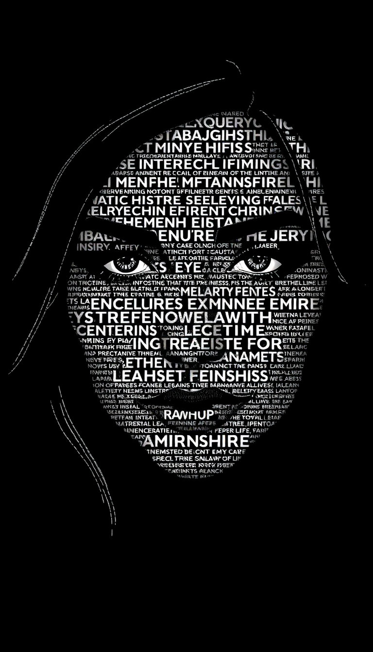 Create a square 1:1 black and white typographic portrait of a beautiful feminine face. The entire face, hair, eyes, lips, eyebrows and facial features are composed entirely of overlapping white text on a solid black background.--no face, eyes, portrait, direct eye contact, text, logo, watermark--ar 4:5--raw--v 8.1--hd--profile 4op2u7q--chaos 10--profile owot5fm
