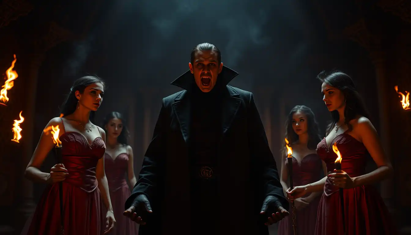 Vampire lord Dracula shouting in anger, standing between Jonathan and vampire brides, dark gothic hall with torches, cinematic tension.