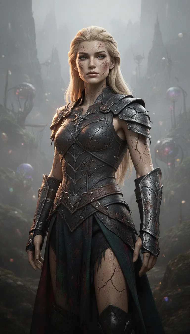 myth hyperreal photorealistic cgi scene rendered with ultra‑high‑fidelity digital sculpting and pbr texturing, featuring subsurface scattering on organic surfaces, displacement and normal mapping, and ray‑traced global illumination. the color palette is dominated by desaturated earth tones—muddy ochre, deep shadow hues—and punctuated by striking high‑saturation accent colors that pop against the muted background. high contrast separates brilliant highlights from deep, crisp shadows, while hyperrealistic micro‑texture density covers every surface: leather exhibits cracking, abrasion, and a weathered patina; metal parts show oxidation, battle‑worn dents, anisotropic specular highlights; skin reveals pores, scars, and macro‑scale texture variation. volumetric atmospheric fog drifts through the composition, with a warm 5600 k key light casting hard directional illumination and a cooler fill light creating soft ambient tones. deep, crisp shadow edges are edged with a faint volumetric glow; subtle chromatic aberration and circular bokeh create a shallow depth of field equivalent to f/2.8 on an 85 mm telephoto lens, with a slight vignette framing the scene. in the foreground, a tall blond fashion mannequin stands prominently, its sculpted blond hair styled in sleek, elegant strands that catch the warm key light. the mannequin’s smooth, glossy surface reflects a wet sheen, while its articulated pose follows the rule of thirds, positioned slightly off‑center to dominate the frame. the mannequin is dressed in avant‑garde dark‑fantasy attire—leather armor with cracked abrasion, metallic gauntlets bearing oxidized edges, and flowing fabric dyed in deep, desaturated tones with occasional high‑saturation accents. its expression is impassive, highlighting the intricate pores and subtle scar texture of the synthetic skin, and its stance conveys an imposing, low‑angle presence that emphasizes its epic, surrealist creature design sensibility. layered depth cues lead the eye from the sharply detailed foreground mannequin through progressively blurred atmospheric background elements, where distant fog and soft bokeh dissolve into a mysterious, surreal landscape. the overall composition exudes a contemporary dark fantasy aesthetic, cinematic epic tone, and intense, primal tension, with every surface displaying visible wear, patina, scratches, and organic imperfection, creating a striking, hyperreal visual narrative.