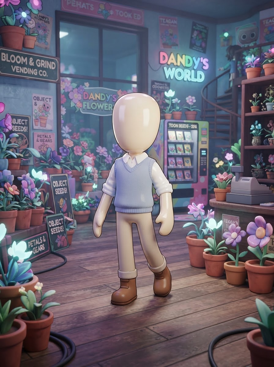 A blank Toon-shaped figure standing in Dandy's flower shop, glossy and cartoonish, waiting for its object form to bloom, in the style of Dandy's World, cute 3D toon render, pastel-but-eerie colors, whimsical vending-machine world, full-body character portrait, centered, relaxed lively stance. SFW, everyone fully clothed in modest attire. Crisp detail, sharp focus, rich lighting, highly detailed