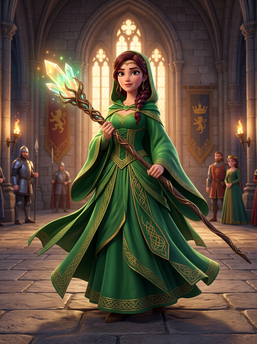 Original character for Knights of Guinevere: a female court mage in flowing emerald robes holding a glowing crystal staff, full body, stylized 3D animation, fantasy castle interior, warm magical lighting