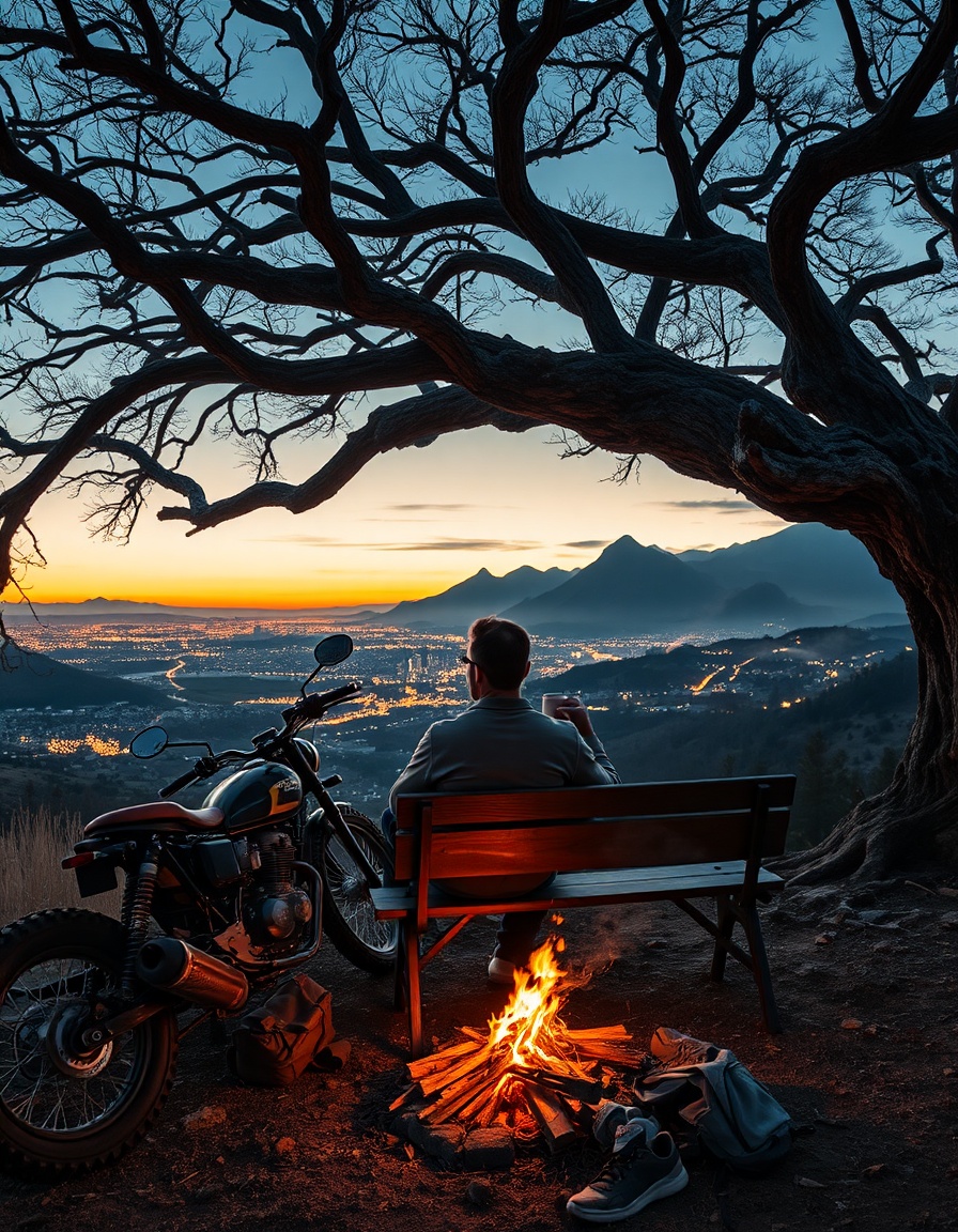 a man sits on a weathered wooden bench, holding a steaming cup and gazing out towards the fading lig