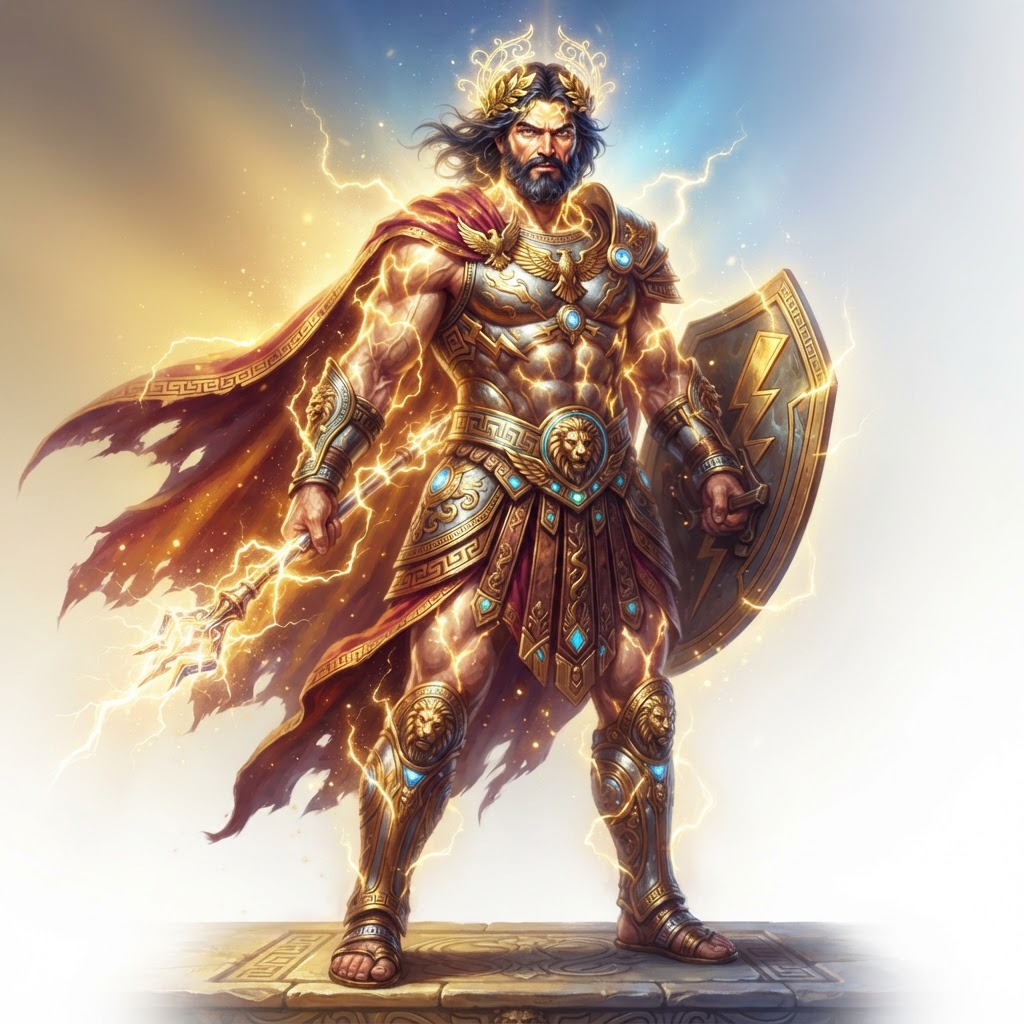 heroic original character Greek god, muscular male deity with golden laurel crown, glowing lightning aura, dramatic epic fantasy digital painting, ornate armor