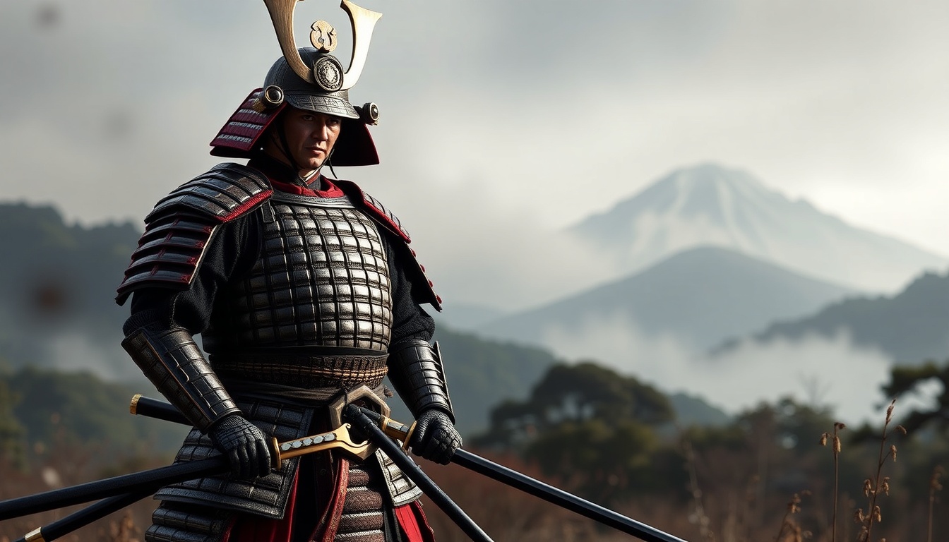 Samurai Warrior in Traditional Armor: A powerful samurai warrior in full traditional armor, holding a katana, standing in a serene Japanese landscape, with mist and mountains in the background. Focus on honor and discipline in their posture.