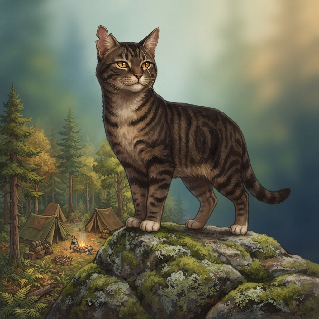 realistic dark brown tabby cat with amber eyes, a torn ear and a scar across the muzzle, standing proud on a high mossy rock above a forest clearing camp, soft painterly book illustration, full body