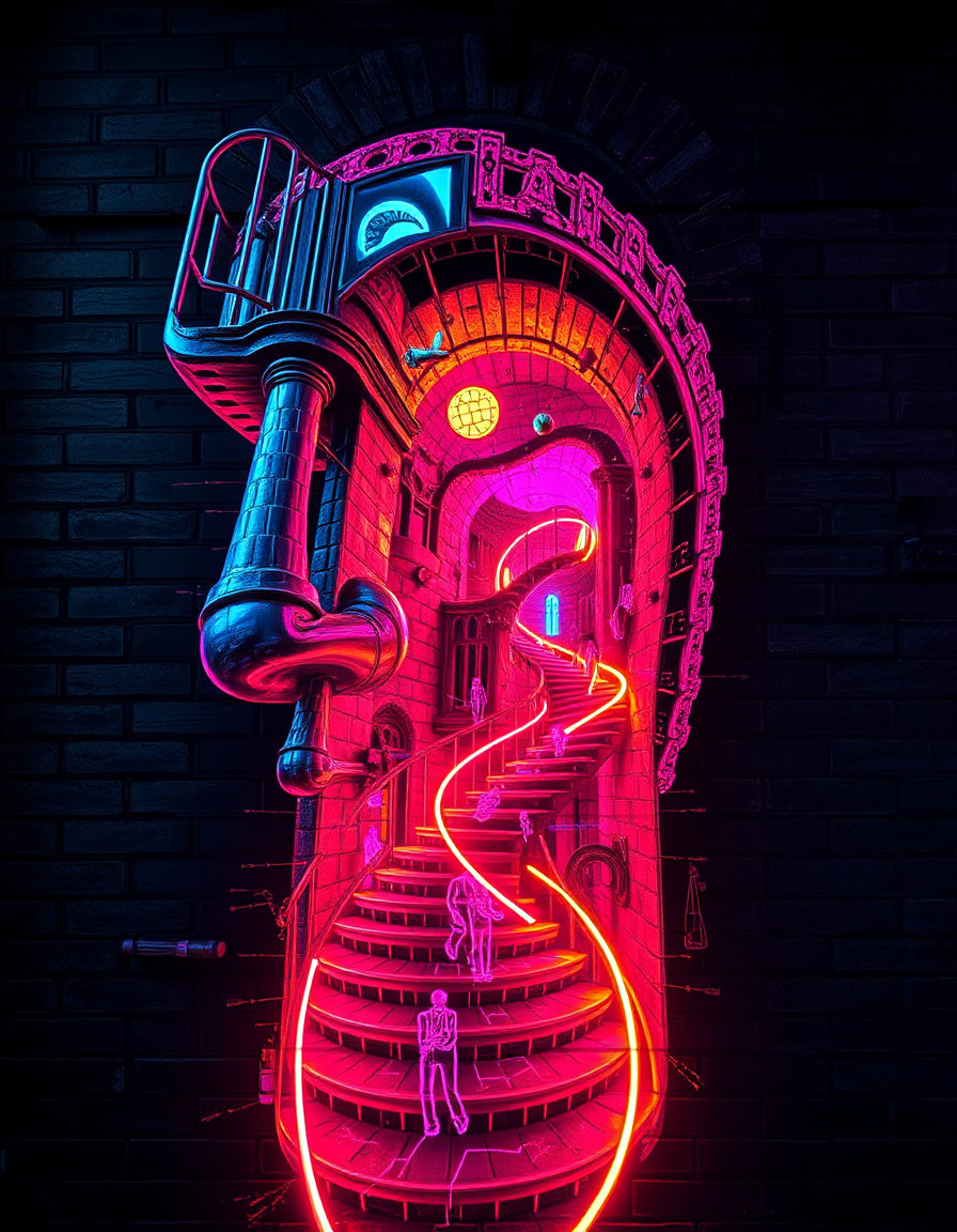 colossal escher‑like architectural face, spiral staircase carved through iridescent glass, floating objects and cheeky faces trapped in an infinite cycle, all rendered as glowing neon filaments on a dark brick wall background; the chaotic swirling sea of distorted neon lights becomes vibrant neon ribbons, dramatic chiaroscuro lighting turned into bright neon contrasts, matte‑painting dreamscape transformed into a luminous sign, with electric hot magenta, cyan, lime and ultraviolet hues pulsing against deep black brick, creating a psychedelic vortex of light.