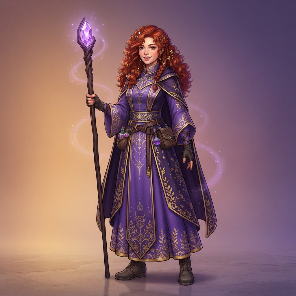 original character design of a young woman wizard, violet robes with gold embroidery, tall crystal topped staff, curly red hair, full body standing pose, clean soft gradient studio background, vibrant, crisp high detail, digital illustration, no text, no words, no watermark
