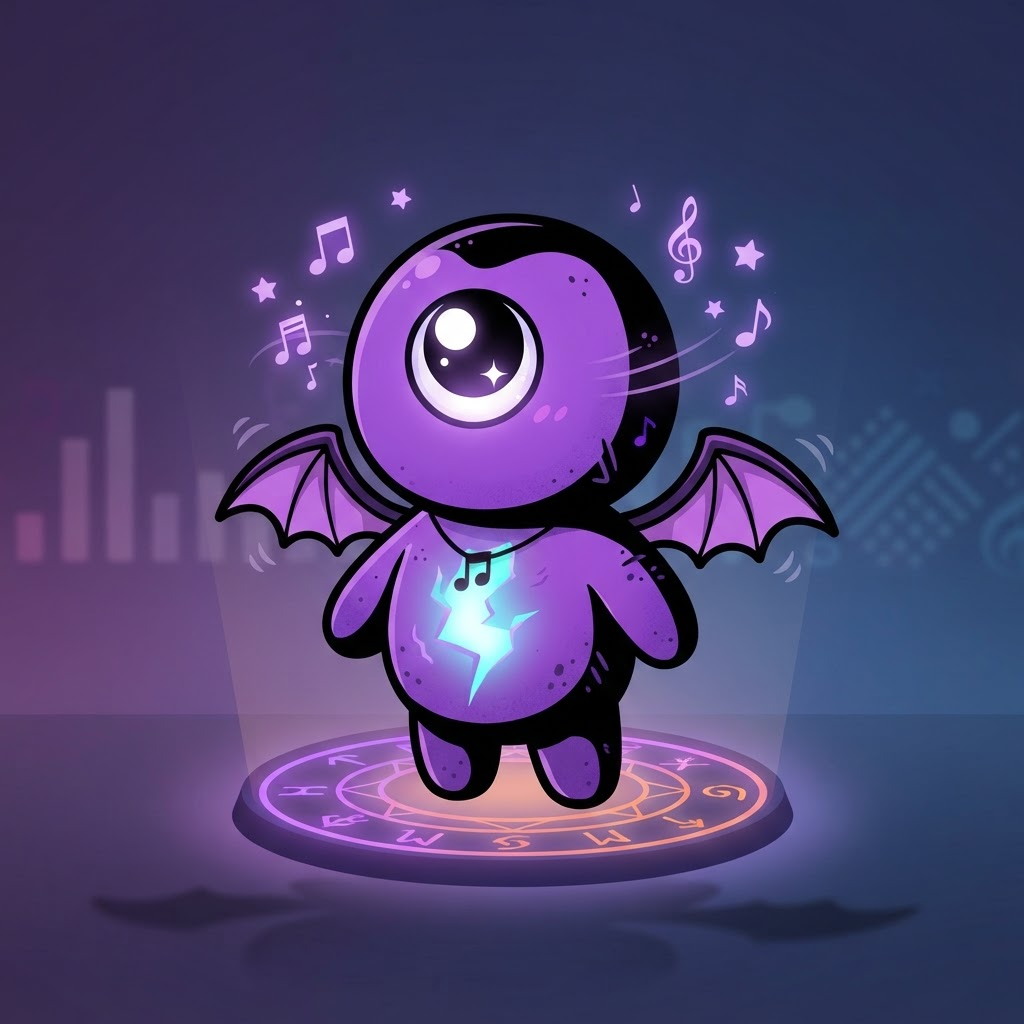 cute simple music-game character in a spooky style, purple and black body with a small glowing crack, one big eye, tiny bat wings, humming pose, flat cartoon style, full body, clean soft gradient studio background, vibrant, crisp high detail, digital illustration