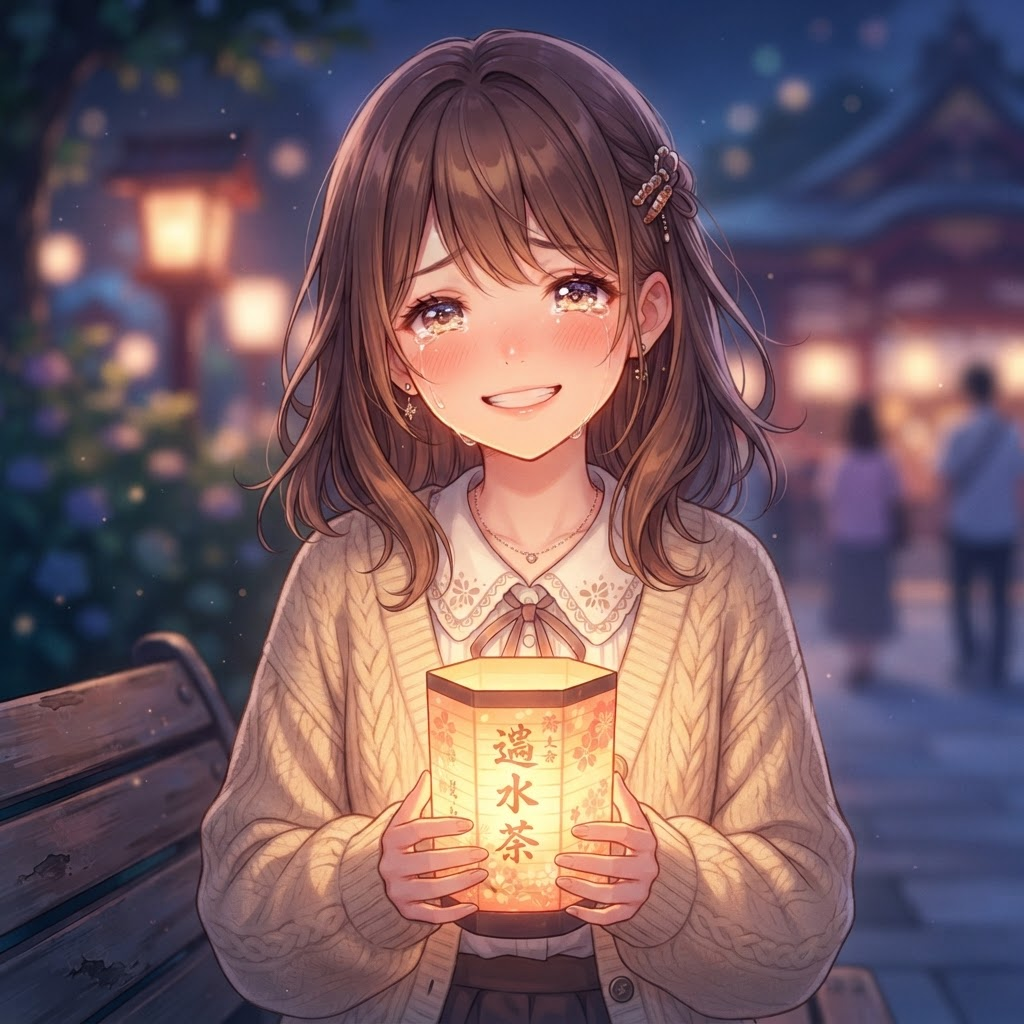 original character: a girl in a cardigan holding a paper lantern that lights her face, soft tears of joy in her eyes, luminous soft-focus slice-of-life anime illustration, clean soft gradient studio background, vibrant, crisp high detail, digital illustration