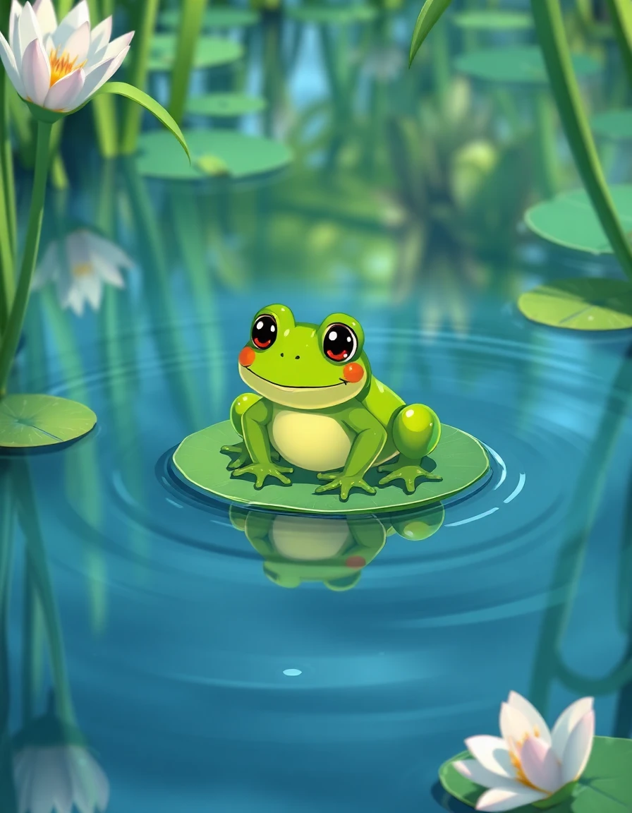 a serene reflective scene centered on a crystal‑clear mirror‑like water surface that captures and multiplies every detail, creating a shimmering, mirrored effect across the pond. the water acts as a perfect reflection mirror, rippling gently with delicate light patterns that echo the surrounding environment. in the foreground, atop a smooth lily pad, sits an adorable, cute green froggie with big, expressive eyes reminiscent of classic disney animation. the little amphibian is brightly colored in vivid emerald tones, with subtle lime highlights on its back and a glossy, wet skin texture that catches the reflected light. its pose is curious and slightly rebellious, hinting at a dissident personality, as it looks directly at the viewer with a mischievous grin. surrounding the froggie, soft emerald reeds and water‑lily blossoms frame the scene, their petals and leaves rendered in intricate, illustrated detail. the overall composition blends the tranquil, reflective water style with the whimsical charm of an illustrated disney‑inspired creature, emphasizing the mirrored reflections, the sparkling surface, and the endearing, big‑eyed green froggie as the central subject.