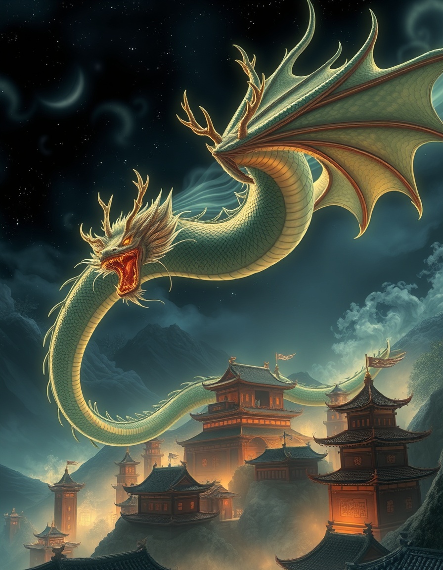 A majestic Eastern dragon with a long serpent body, deer-like horns, flying above an ancient Chinese city under the night sky, glowing and mystical.