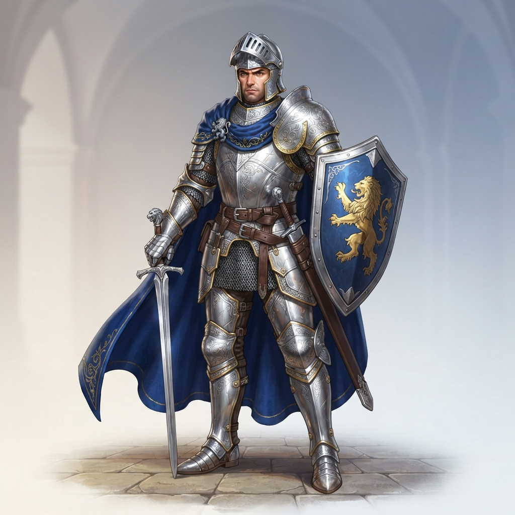 an original knight character in polished silver plate armor with a deep blue cape and a lion crest shield, full body original character design, clean soft gradient studio background, vibrant, crisp high detail, digital illustration, no text, no words, no watermark