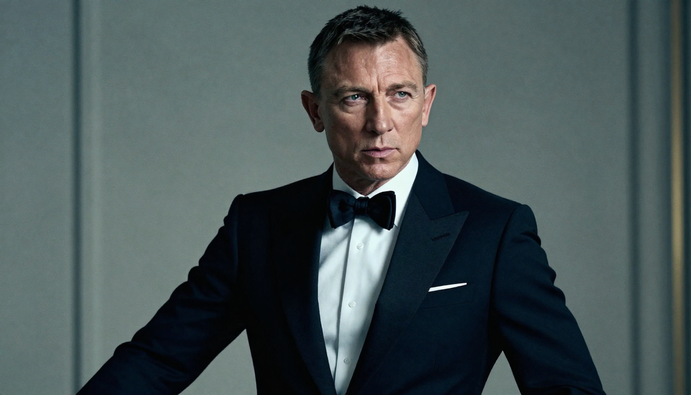 James Bond style, Daniel Craig era, modern spy thriller aesthetic, elegant man in tailored tuxedo or dark suit, intense and determined expression, cinematic lighting, high contrast, cool color grading, dramatic shadows, luxury and danger atmosphere, MI6 secret agent vibe, action-ready pose, refined yet brutal realism, shallow depth of field, ultra-detailed, photorealistic, cinematic composition, high-end movie still