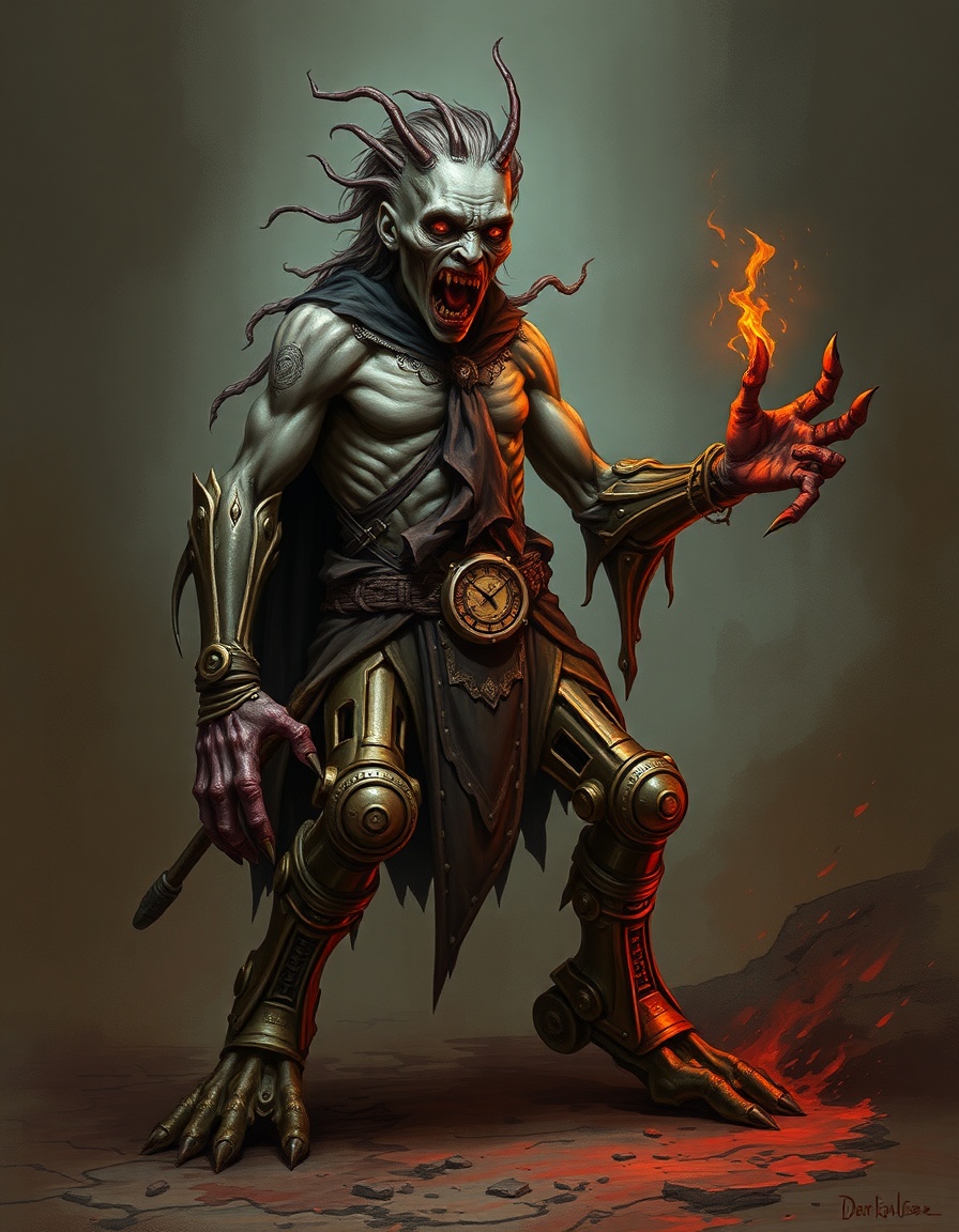 a zombie with clockwork Lion legs, evil, D&D, undead, character art