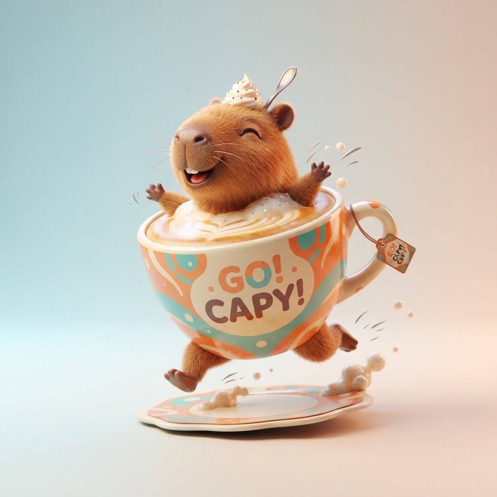 Absurd surreal meme creature: a cappuccino cup with a smiling capybara head and tiny running legs, glossy 3D cartoon render, silly and chaotic, vibrant saturated colors, clean soft gradient studio background, crisp high detail