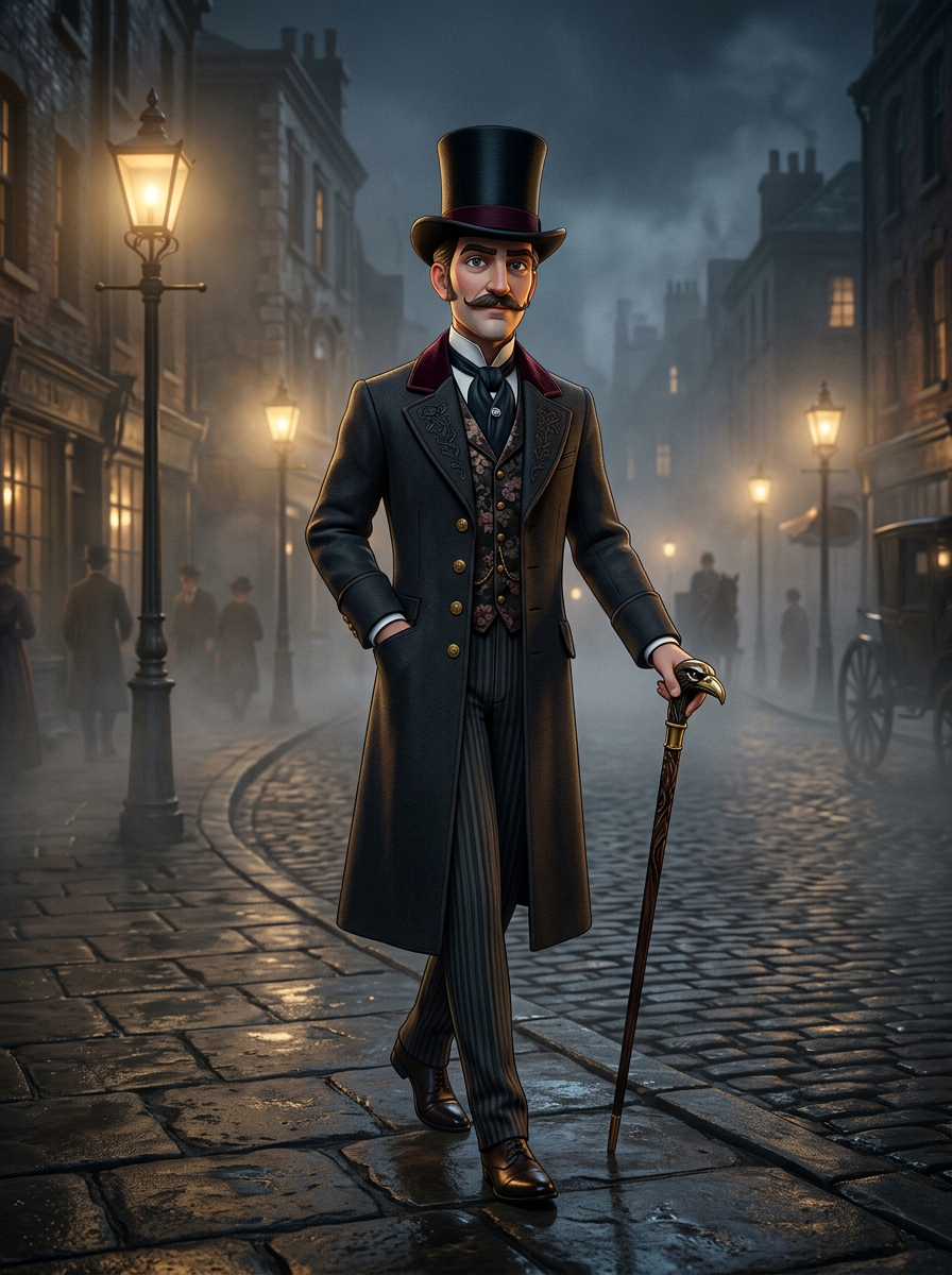 Original character for the animated series The Gaslight District: a dapper Victorian gentleman in a top hat and long coat holding a cane, full body, stylized 3D animation, foggy gaslit cobblestone street at night, moody cinematic lighting