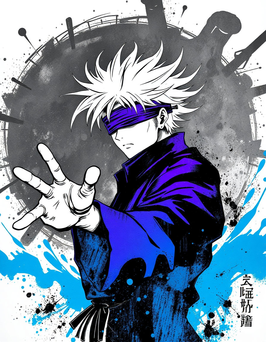 Gojo Satoru, dynamic ink illustration style, bold black brush strokes, splattered ink effects, high contrast monochrome base with selective neon blue and purple highlights, blindfolded, white spiky hair flowing, confident stance, hand extended forward, energy represented as fluid ink waves and splashes, abstract background with ink explosion patterns, minimal yet powerful composition, Japanese calligraphy aesthetic, rough brush texture, dramatic lighting, sharp facial features, poster design, ultra clean negative space, masterpiece, ultra detailed