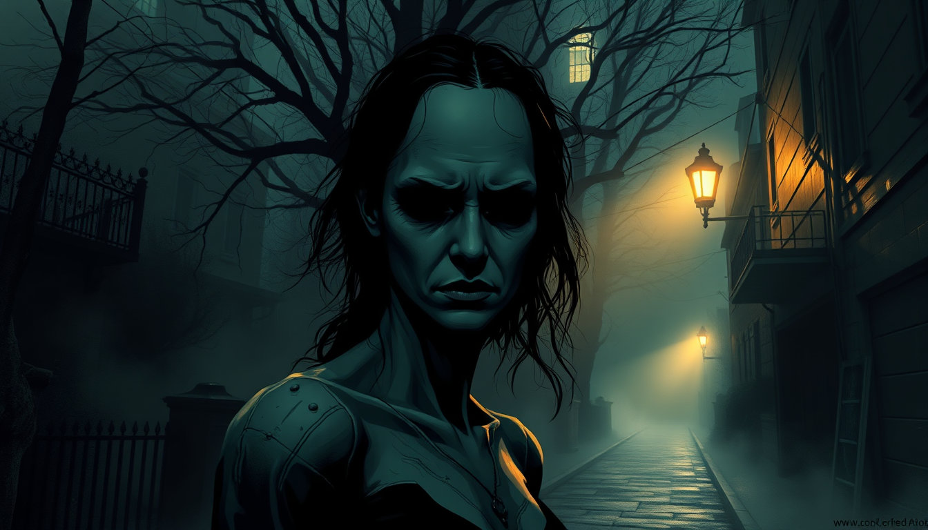 in the eerie and foreboding atmosphere of a dimly-lit, mist-shrouded, and gothic-inspired alleyway, a lone figure emerges, taking center stage. this enigmatic being is a woman, but her countenance is twisted and warped, devoid of the distinguishing features that normally define humanity. her face is a featureless void, an unsettling expanse of skin that seems to absorb the faint moonlight filtering through the mist, leaving it as blank and unblemished as a sheet of parchment. her form is rendered in the style reminiscent of the 80s graphic novels, characterized by vibrant and high-contrast colors, bold lines, and an unmistakable sense of vintage flair, like a lost relic from a bygone era of pulp fiction. the hard-cel shading technique imbues her appearance with a tactile sense of dimensionality, as if the very textures of her skin are visible, like the rough parchment of a long-forgotten scroll. the atmosphere around her is heavy with an otherworldly sense of foreboding, like the moment before a long-dreaded storm breaks, with the trees creaking and swaying in an ominous, wind-whipped dance. the digital oil painting style lends a mesmerizing quality to the scene, with its vibrant, hyper-realistic brushstrokes capturing every detail, every nuance of the woman's featureless face and the foreboding environment around her, as if reality itself has been distilled into its most essential, its most haunting elements. in the distance, the mist-shrouded buildings loom like sentinels, their windows like dark, empty eyes, watching and waiting, like the patient, unspeaking guardians of a long-forgotten, gothic city. the background, like a matte-painting come to life, seems to dissolve into the darkness, creating a sense of depth, a sense of infinite possibility, that is both awe-inspiring and unnerving. her form is bathed in the flickering, eerie glow of a lone streetlamp, casting long, sinuous shadows across the cobblestones, like dark, grasping fingers reaching out to claim her. the painterly finish, the fine brushwork, and the layered glazes all come together to create a sense of texture, of depth, that pulls the viewer in, making them feel like they are standing right there, in that very alleyway, face to face with this mysterious, featureless woman.
