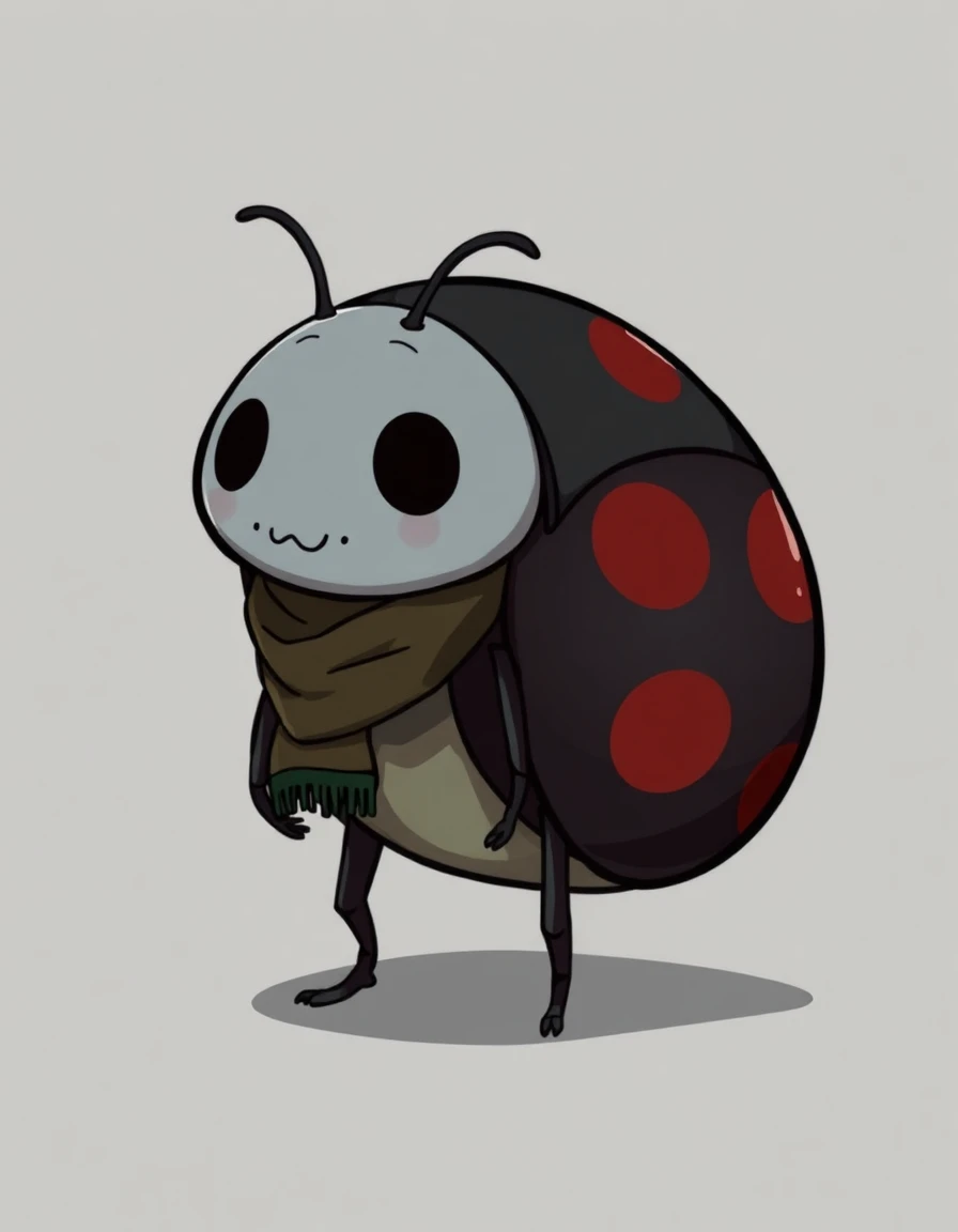 Full‑body Hollow Knight–style character. A medium and slightly chubby bug with a round blackish ladybug‑like shell featuring faded red spots. Soft, kind eyes. Slightly hunched posture. Wearing a small moss‑woven scarf. Standing calmly. Simple shapes, clean black outlines, soft shading, and the atmospheric style of Hollow Knight NPC artwork