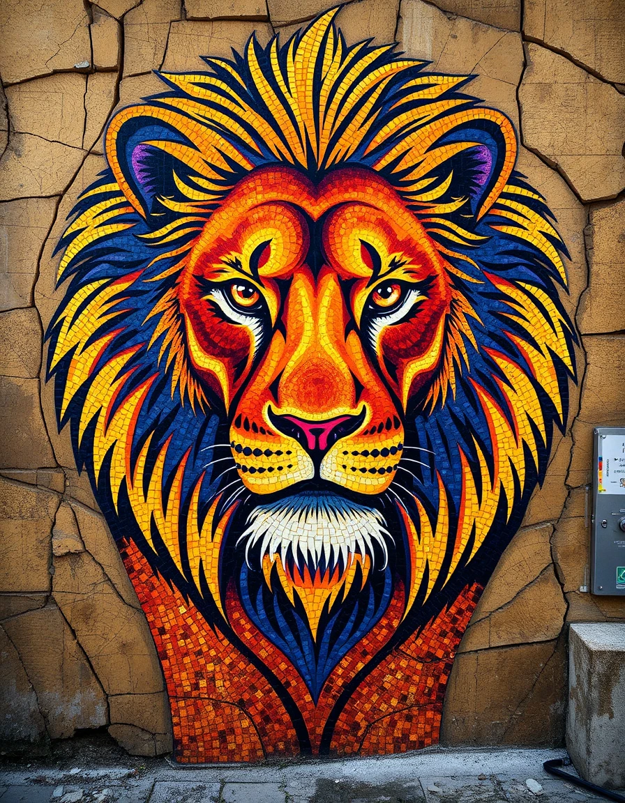 a regal golden lion on a cracked urban wall, rendered as a baroque-inspired fresco, transformed into a byzantine mosaic style with thousands of shimmering glass and stone tesserae, gold tesserae dominating the background and catching light, frontal solemn figure with large eyes and stylized features in rich purples, deep blues and warm flesh tones, chiaroscuro tenebrism softened by luminous mosaic sparkle, rich oil‑paint texture hinted through reflective tesserae, the lion’s commanding gaze framed by vibrant graffiti‑style guilloche patterns reinterpreted as glittering mosaic borders, glowing radiant surface throughout.