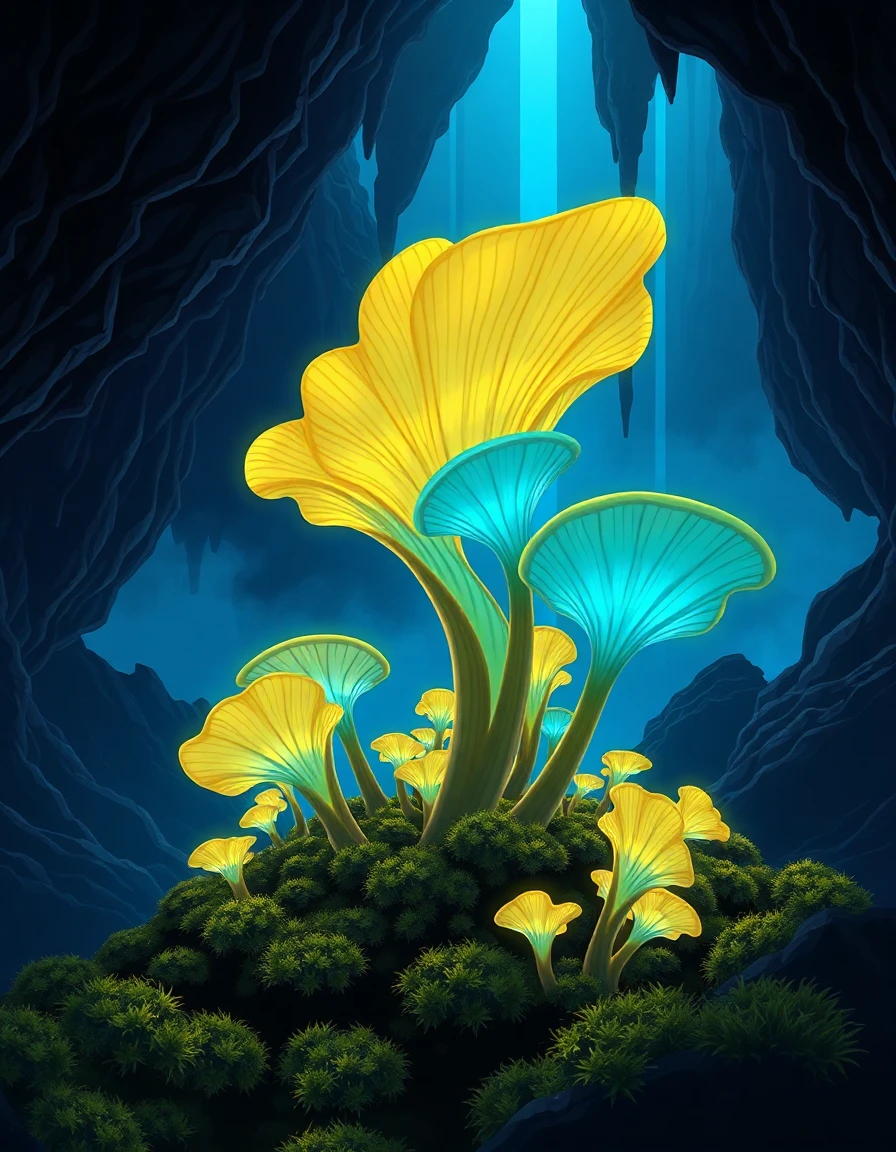## Style
- Medium: Digital illustration, vector-based rendering, stylized botanical art
- Technique: Flat shading with gradient overlays, simplified form definition, illustrative line work
- Rendering Approach: Non-photorealistic, graphic design aesthetic, illustrative abstraction
- Color Treatment: High saturation, neon palette, complementary yellow-blue contrast, luminous color blocking
- Value & Contrast: High contrast, stark separation between luminous forms and dark voids
- Detail Density: Moderate, stylized simplification of organic textures
- Era / Movement: Contemporary digital art, biomimetic design, fantasy naturalism
## Subject
- Identity / Type: Exotic alien flora, bioluminescent vegetation, surreal botanical forms
- Pose & Gesture: Vertical growth patterns, upward thrusting stems, organic curvature
- Distinctive Features: Ribbed leaf structures, translucent membranes, glowing edges, fan-shaped fronds
- Clothing or Equipment: None
- Scale & Proportion: Macro perspective, exaggerated verticality, dense clustering
## Environment
- Location Type: Subterranean cavern, alien ecosystem, deep-sea bioluminescent zone
- Time of Day: Eternal night, internal light source illumination
- Weather & Atmosphere: Still, humid, ethereal, suspended particulate matter
- Foreground Elements: Mossy ground texture, dark substrate, glowing blue fan-shaped organism
- Background Elements: Deep blue mist, vertical light shafts, shadowed rock formations
- Architectural or Natural Features: Irregular cave walls, vertical stalactite-like formations, organic rock textures
## Mood
- Primary Emotional Tone: Wonder, mystery, otherworldly serenity
- Energy Level: Low kinetic energy, static equilibrium
- Tension or Calm: Calm, harmonious balance
- Genre Association: Fantasy illustration, speculative biology, digital concept art
## Lighting
- Light Source(s): Internal bioluminescence, external vertical shafts of light
- Direction: Upward from below, vertical beams from above
- Quality (Hard / Soft): Soft, diffused glow with hard-edged highlights
- Color Temperature: Cool blue ambient light, warm yellow-green bioluminescent accents
- Key-to-Fill Ratio / Contrast: High contrast, strong separation between light and dark
- Shadow Character: Deep, saturated shadows, minimal mid-tones
- Atmospheric Light Effects: Volumetric lighting, god rays, subsurface scattering simulation
## Composition
- Framing & Crop: Close-up, tight framing on flora, cropped at base
- Camera Angle: Slightly elevated, looking down into the scene
- Subject Placement: Dense central cluster, foreground dominance
- Compositional Rules in Use: Rule of thirds, vertical rhythm, organic asymmetry
- Depth Layers: Foreground glowing forms, mid-ground layered vegetation, background atmospheric haze
- Negative Space: Minimal, filled with dark cave walls and blue mist
## Texture
- Primary Materials: Organic plant matter, translucent membranes, mossy ground
- Surface Quality: Smooth, glossy, semi-translucent, ribbed
- Reflectivity & BRDF Character: Specular highlights on leaf edges, diffuse reflection on matte surfaces
- Wear, Patina, & Imperfections: Clean, pristine surfaces, no visible decay or damage
## Camera
- Shot Type: Macro close-up, still life composition
- Implied Focal Length: 100mm-equivalent, shallow depth of field
- Depth of Field & Aperture Feel: Shallow depth of field, focused on foreground elements
- Bokeh Character: Soft, circular bokeh in background, blurred light shafts
- Lens Artifacts: None, clean digital rendering