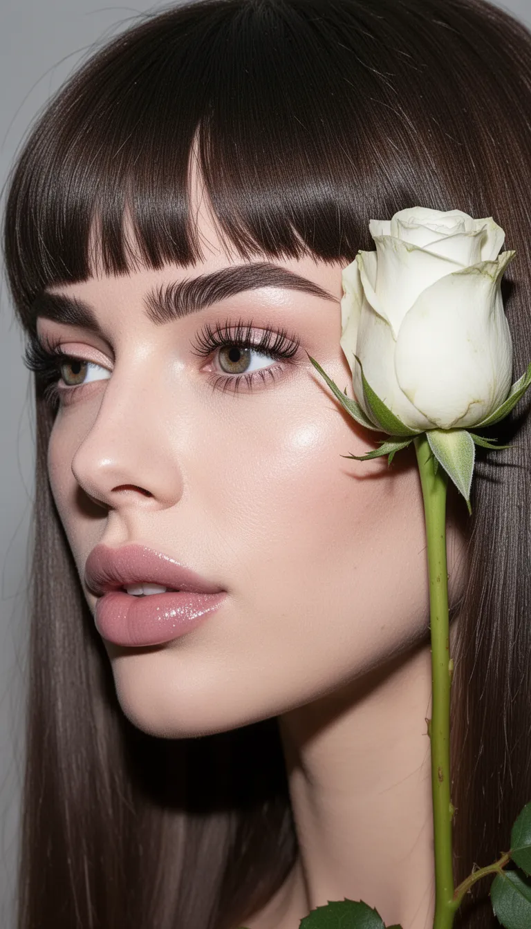 Photorealistic close-up of the model's face, one large white rosebud on a stem strictly vertically along the right side of the photo, just below the ear, skin structure, 25 years old, clear alabaster skin, 4K, profile, no skin defects, small very upturned nose, sunken cheeks, pronounced cheekbones, narrow eyes, large plump lips, eyebrow correction, high-set, diverging eyebrows, rhinoplasty, large forehead, eyelash extensions, L'Oréal mirror lip gloss with shimmer, thick bangs without gaps, healthy shine of hair, maximum detail, photo with flash