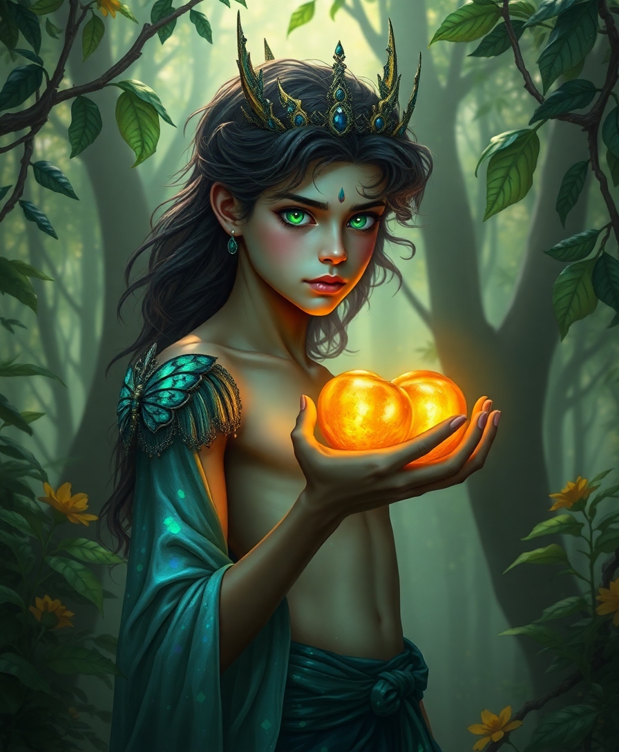 jude duarte from the cruel prince, a young faerie prince with piercing emerald eyes, stands amidst a lush forest, the golden apple still clutched in his hand. his slender figure is bathed in the iridescent glow of a black opal, its dark, velvety surface radiating an otherworldly light that seems to shift and shimmer like the colors of a butterfly's wings.