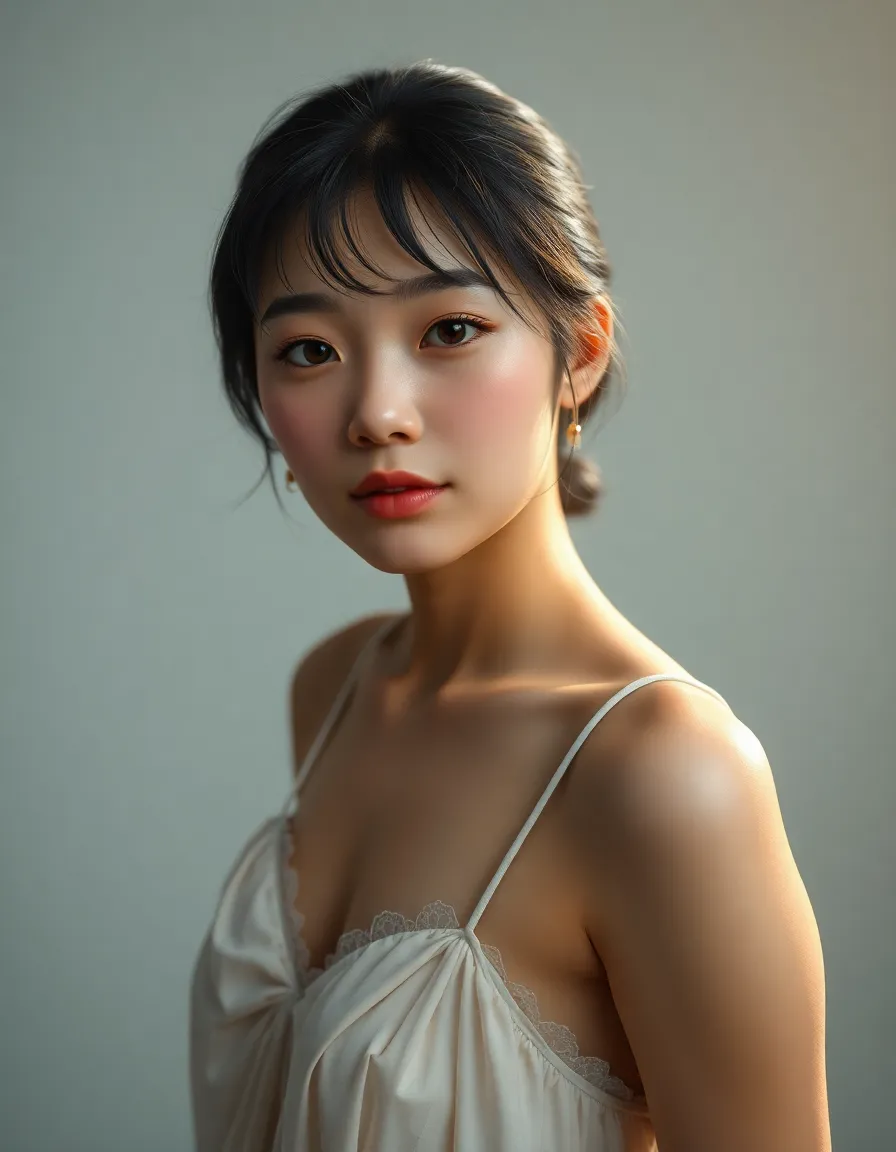 a portrait of a 20-year-old japanese woman (fictional character mak-1) is required, with the same characteristics as before but with a different lighting condition. 

the components of the original prompt are as follows:
- subject: "20-year-old japanese woman (fictional character mak-1)"
- defined as: human/humanoid
- setting: (inferring) "a studio"
- style: "ultra-realistic, high-fidelity"
- filtered: the parts about "nuanced proportions", "skin tones", and "muscle tone" are discarded.
- clothing: (inferred) "a traje de baño"
- poetic language: removed.