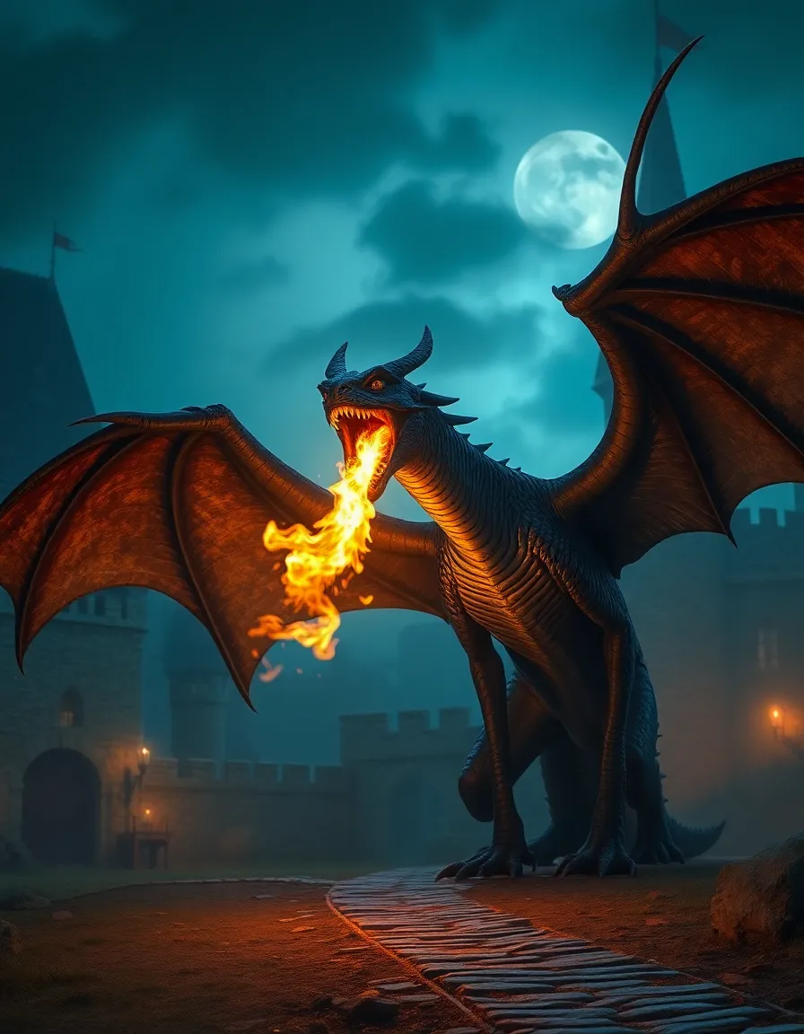 A realistic Western dragon with bat-like wings, breathing fire at a medieval castle at night, dramatic cinematic lighting, ultra detailed.