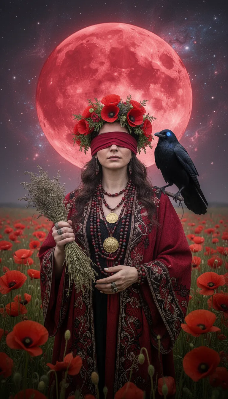 Blindfolded woman in ornate red and black embroidered robes, adorned with layered beaded necklaces and a large gold medallion, wearing a floral crown of red poppies and greenery, holding a bundle of dried herbs in one hand, a glossy black raven with glowing blue eyes perched on her shoulder, standing in a field of vibrant red poppies under a massive crimson moon with intricate surface details, cosmic nebula background, cinematic lighting, shallow depth of field, mystical atmosphere, 85mm portrait lens, rich textures, dramatic shadows, ethereal glow.