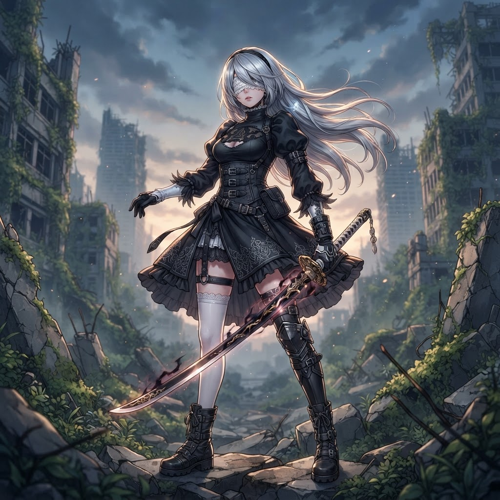 Original NieR Automata style android OC, YoRHa-inspired black dress, blindfold, katana, ruined city