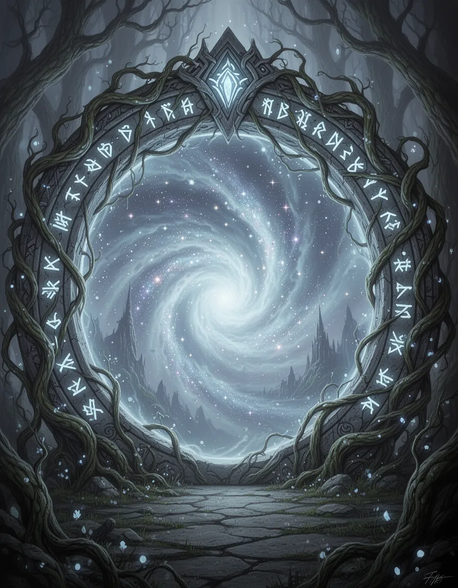 deep within a mysterious, otherworldly realm, a majestic and ornate, circular gateway beckoned. the portal itself was framed by intricate, twisted vines that seemed to writhe and twist of their own accord, while the carved stone runes that encircled the gateway softly emitted a soothing, gentle glow of bluish-white light. this luminescent aura illuminated the surrounding air, imbuing the mystical portal with an ethereal and enchanting radiance. as the eye drew closer, a stunning vortex would come into view – a churning, swirling whirlpool of shimmering mist and twinkling stars that danced and pulsed like a liquid night sky. faint, ephemeral hints of distant, fantastical landscapes would flicker just beneath the surface of this vortex, as if an infinite array of secrets and mystical wonders awaited discovery beyond the shimmering, aqueous portal, where an endless expanse of the cosmos whispered secrets of the unknown and the unexplored.