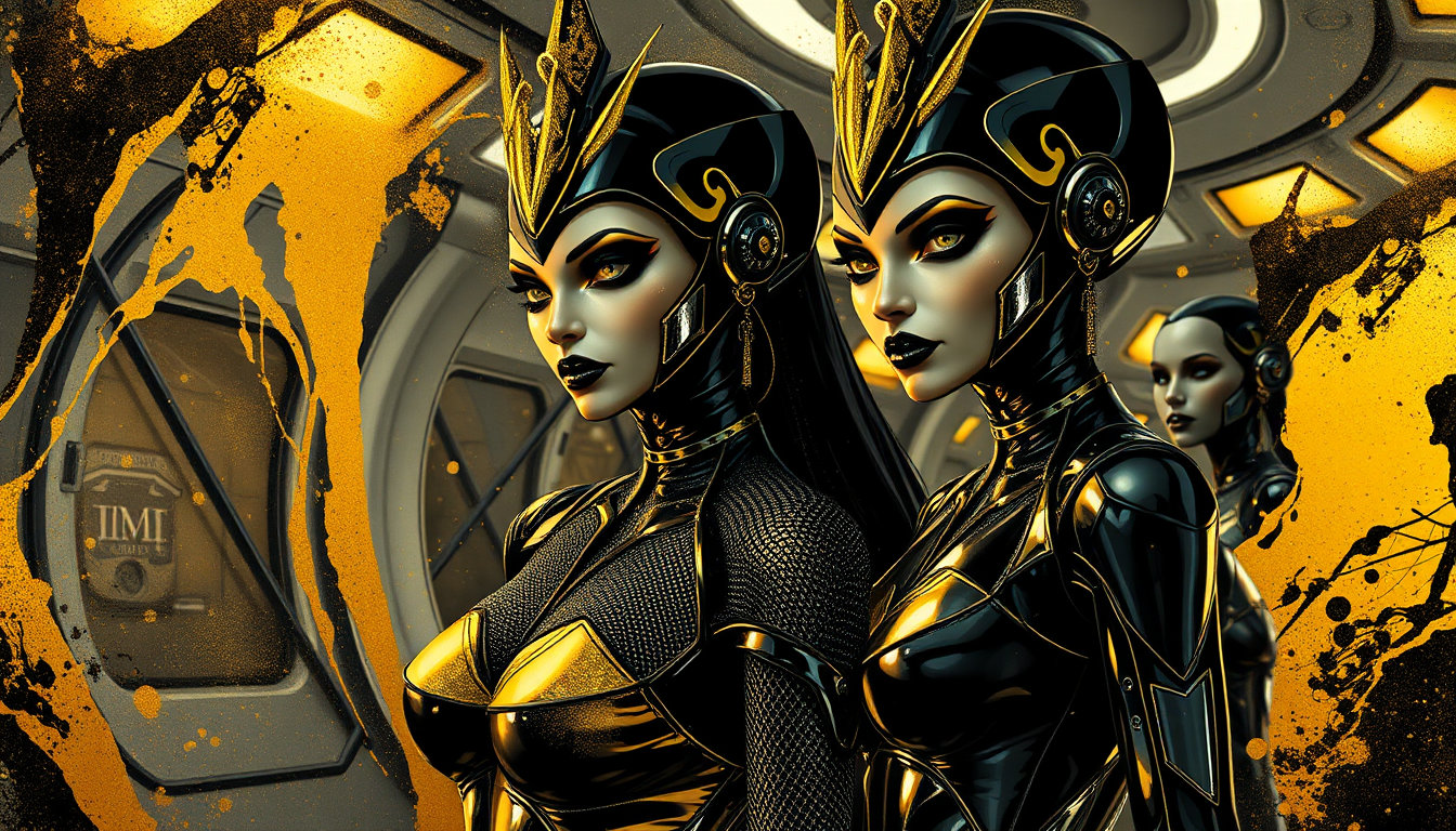 golden noir abstract fashion portrait of the sylvarin sisters cherex and danex, regal cyber‑goddesses in sleek sculptural garments of liquid polymer, brushed titanium mesh and iridescent chrome, rendered with black ink strokes speckled with gold glitter. beside them a venusian prom queen glows in avant‑garde cyber couture, highlighted by gold foil texture, while the urathian horde kneels in minimalist high‑gloss void‑glass armor. the superspace station interior becomes a dynamic background of splashing liquid gold and black fluid art, with high‑contrast, luxury noir lighting and surreal elegance. mixed‑media illustration style dominates, emphasizing hyper‑detailed gold accents and dramatic chiaroscuro.