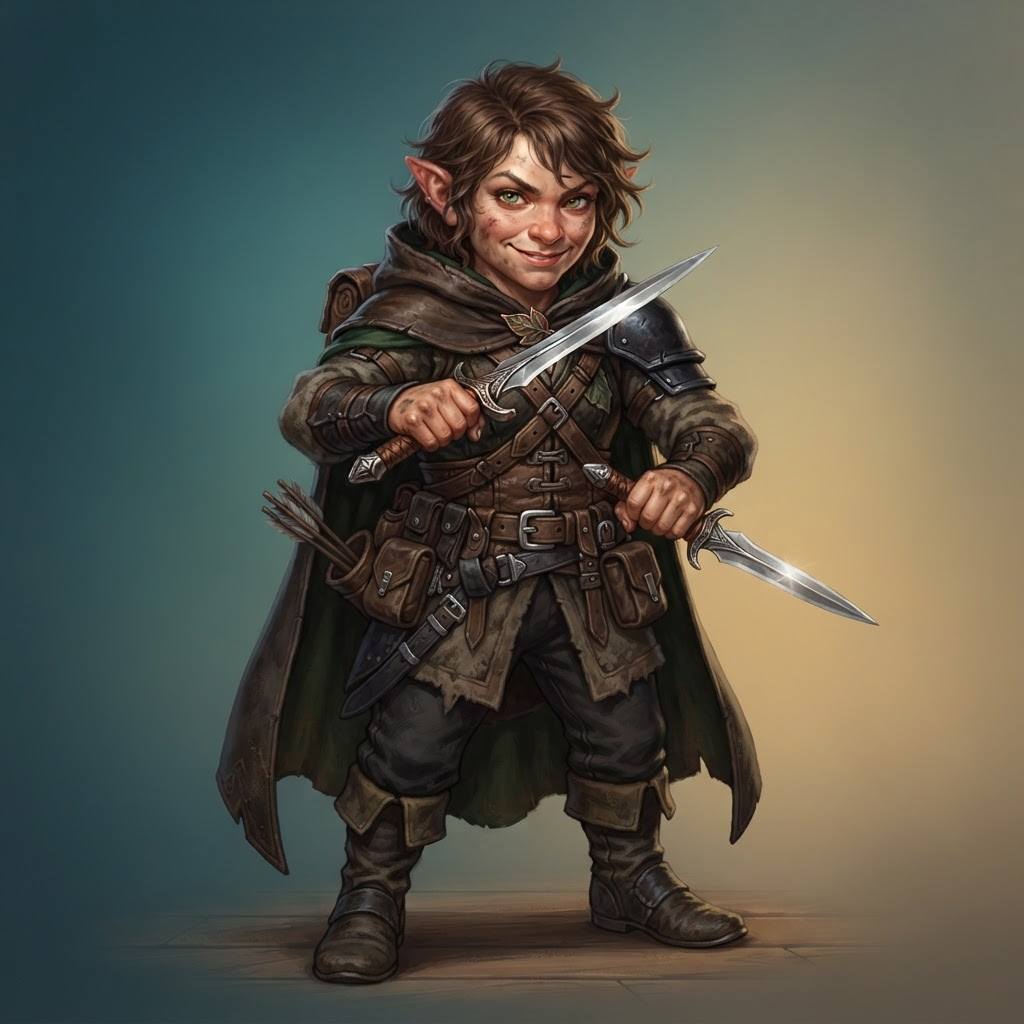 a halfling rogue with twin daggers, hooded cloak and a sly grin, tabletop fantasy character portrait, clean soft gradient studio background, vibrant, crisp high detail, digital painting
