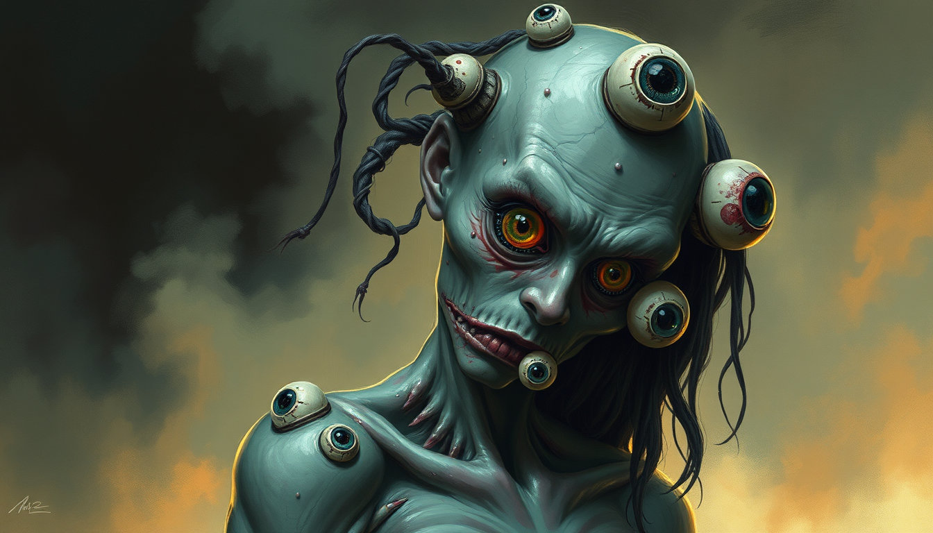 a vibrant painting with vintage lines, hard-cel shading, and 80s graphic novel style, featuring high contrast colors. this is rendered as a digital oil painting with a handcraft, painterly finish, emphasizing fine brushwork, layered glazes, and natural texture. a matte-painting sensibility is used for the backgrounds, with concept-art quality refinement for characters. the subject is a creepy woman with many eyes, depicted as a monster. this digital painting features enhanced smooth, detailed brushwork that renders the creature in a serene, contemplative mood. soft, diffused light casts gentle shadows, emphasizing her twisted, elongated body and subtle, pulsating tumors. muted earth tones, subtle greens, and soft pastels color the diseased surfaces in a dreamlike harmony. a delicate, otherworldly mist swirls through a dark, gothic-inspired background. the camera, set at a 42 mm focal length, captures a medium shot that feels both hyper-realistic and highly stylized, balancing precise oil-style strokes with exquisite elements of fantasy illustration and subtle texture, skillfully highlighting the mystery and subtle horror without overwhelming it.