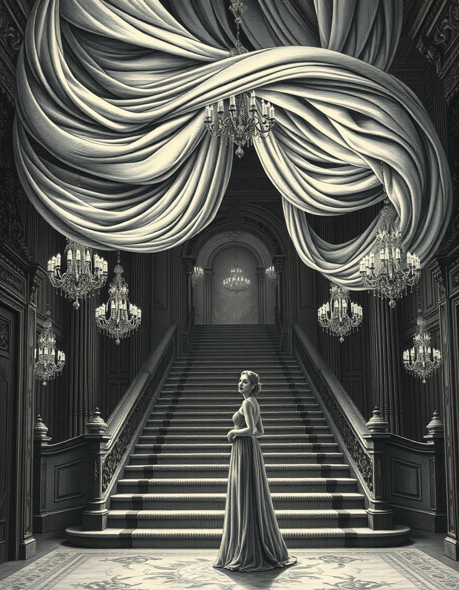 an elegant woman stands at the bottom of a grand staircase in a large, dimly lit hall, adorned with intricate carvings and ornate chandeliers. the woman is rendered in the style of 17th-century european engravings, with delicate lines and refined features. above her, swirling drapery made of rich fabrics and heavy velvet undulates and moves, its complex folds and textures creating a sense of depth and movement. the drapery's smooth highlights stretch and catch the light from the chandeliers, creating a hypnotic dance of shadows and reflections. the overall effect is one of grandeur and refined, artistic style.